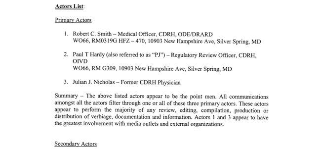 FDA document listing "Actors List" of dissidents