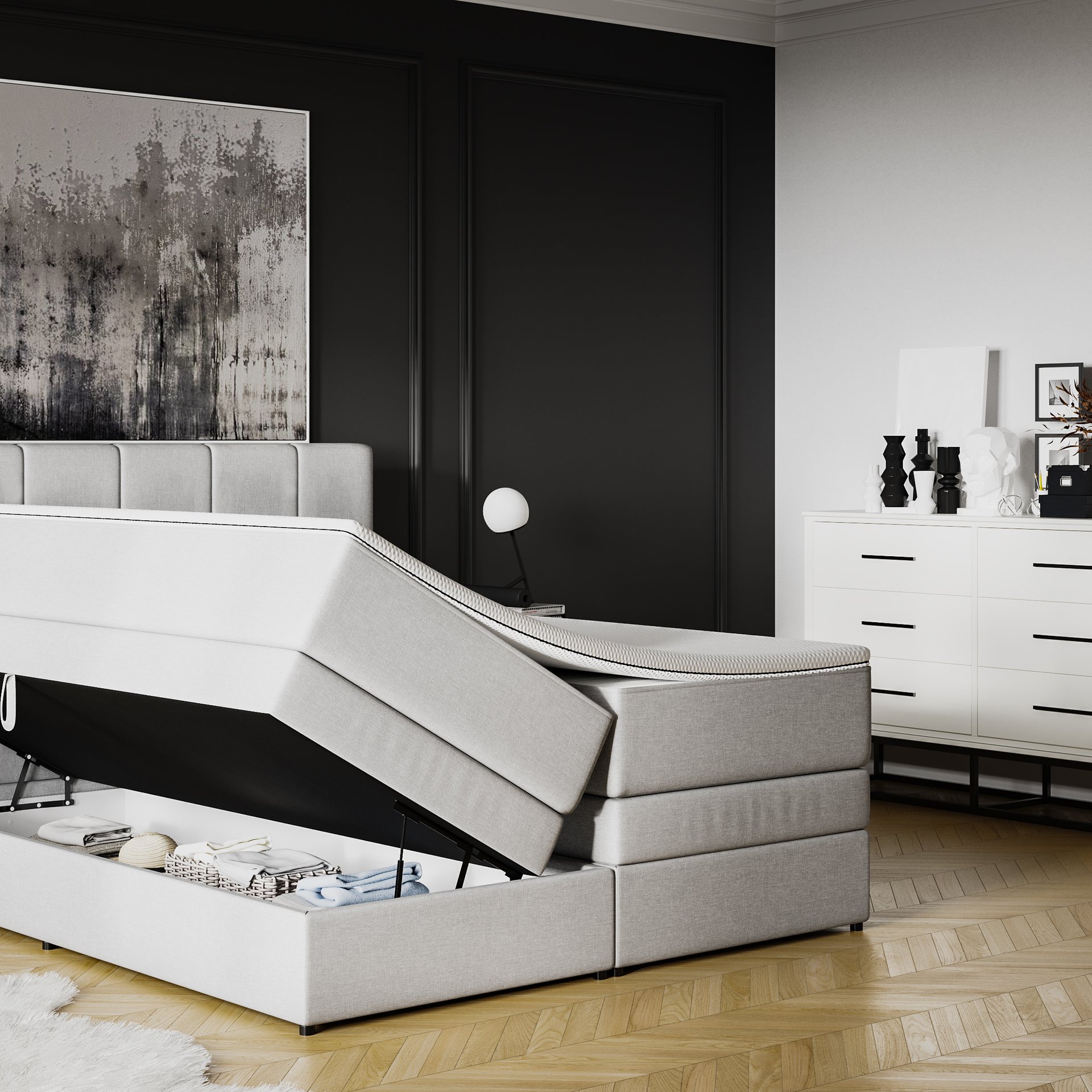 Vue intérieure du compartiment de rangement du lit Boxspring Royal.