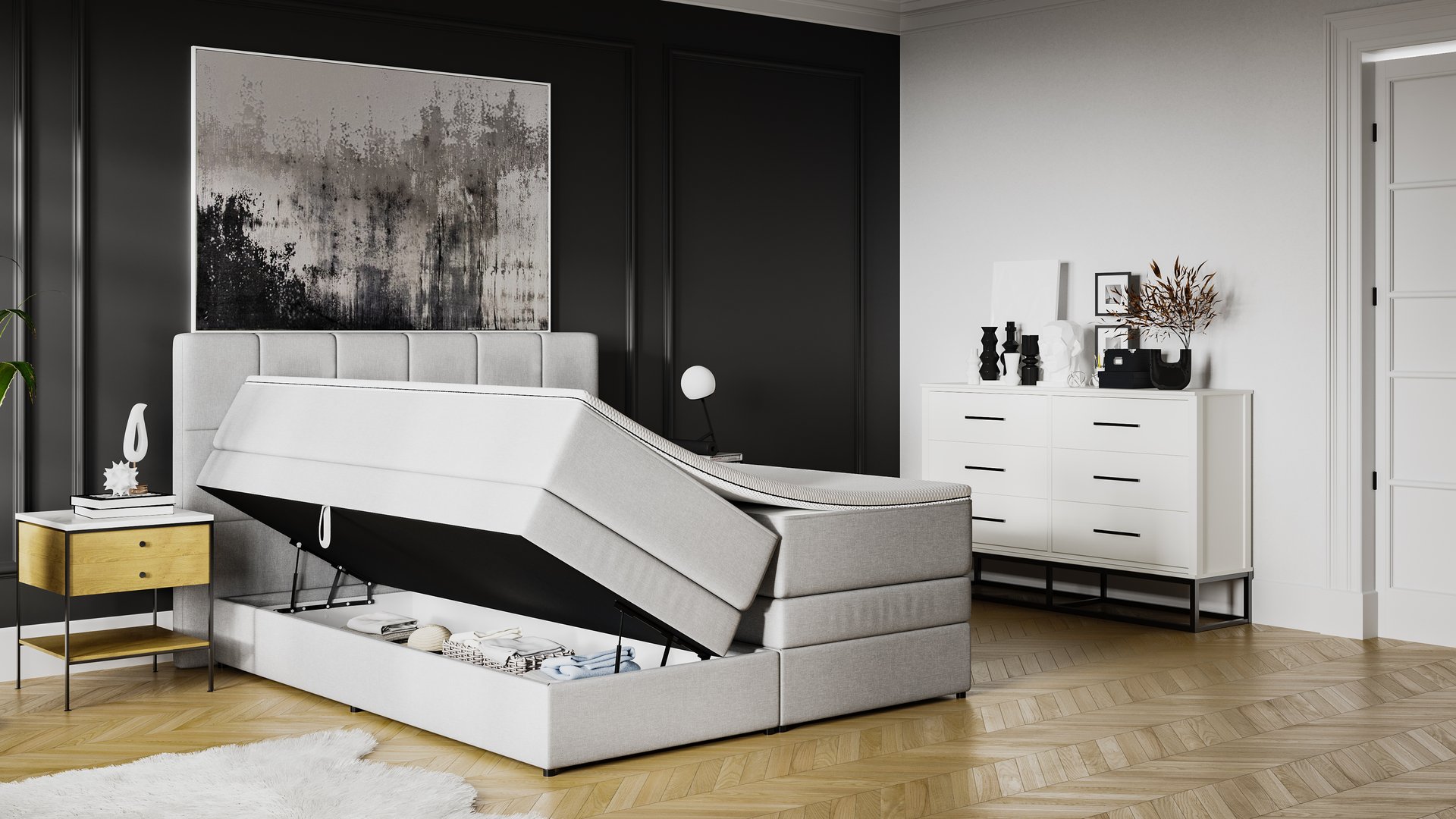 Vue intérieure du compartiment de rangement du lit Boxspring Royal.