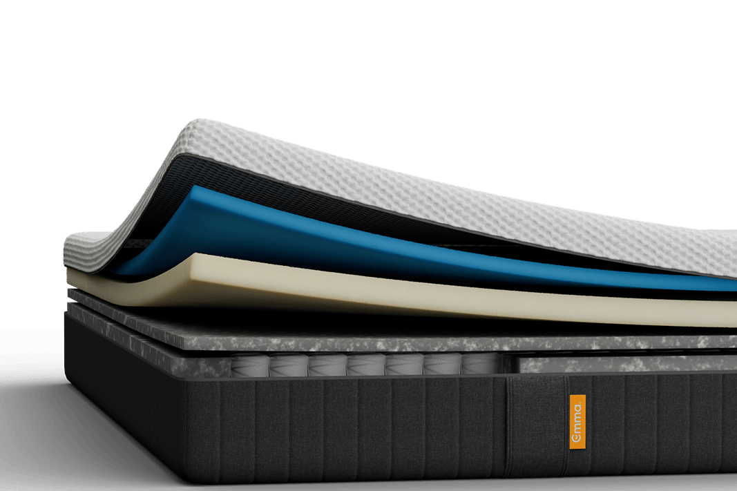 Emma Original mattress layers view showing multiple foam layers including a blue foam layer.