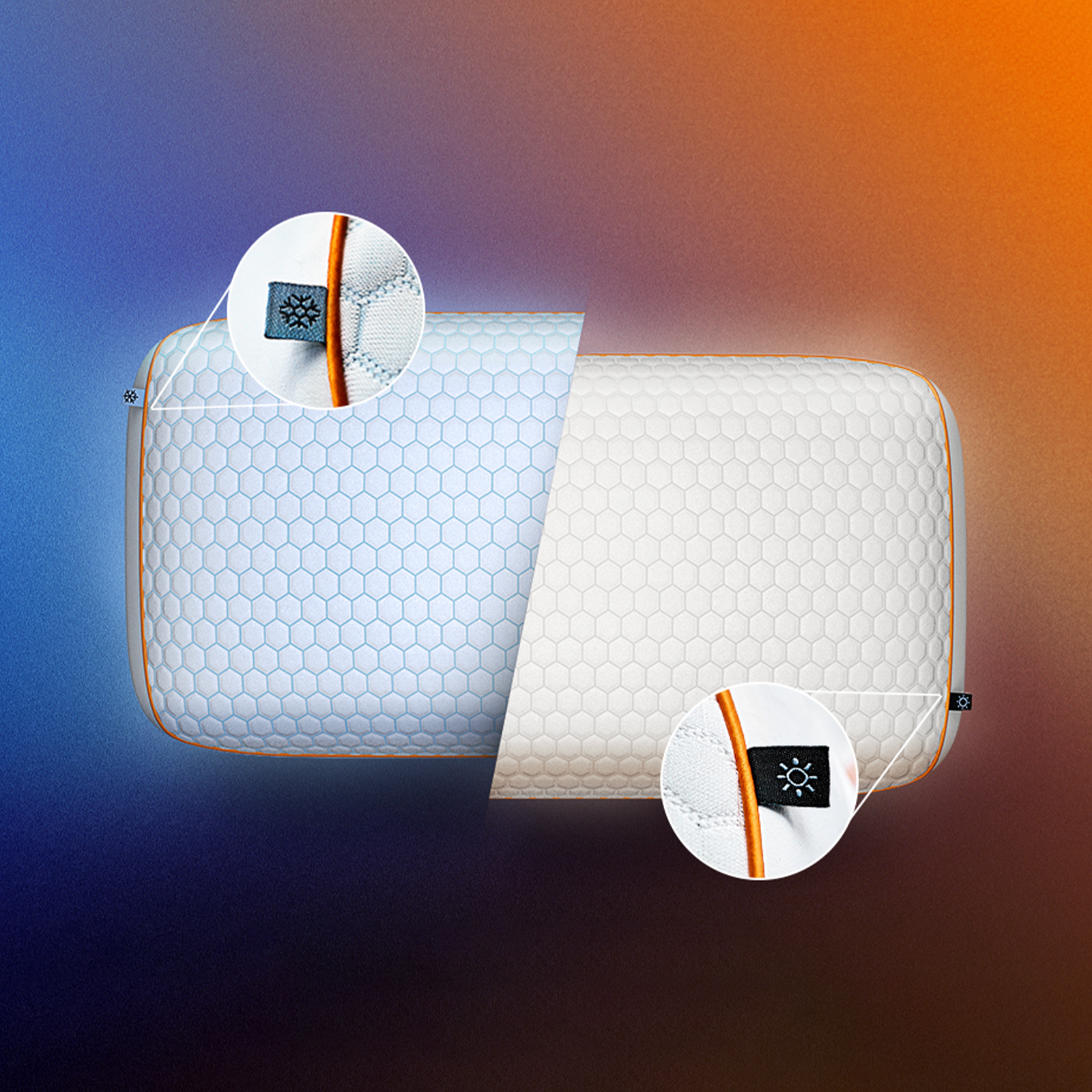 Emma Performance Hybrid Pillow showing cool and warm sides with callout labels on a blue-orange gradient background.