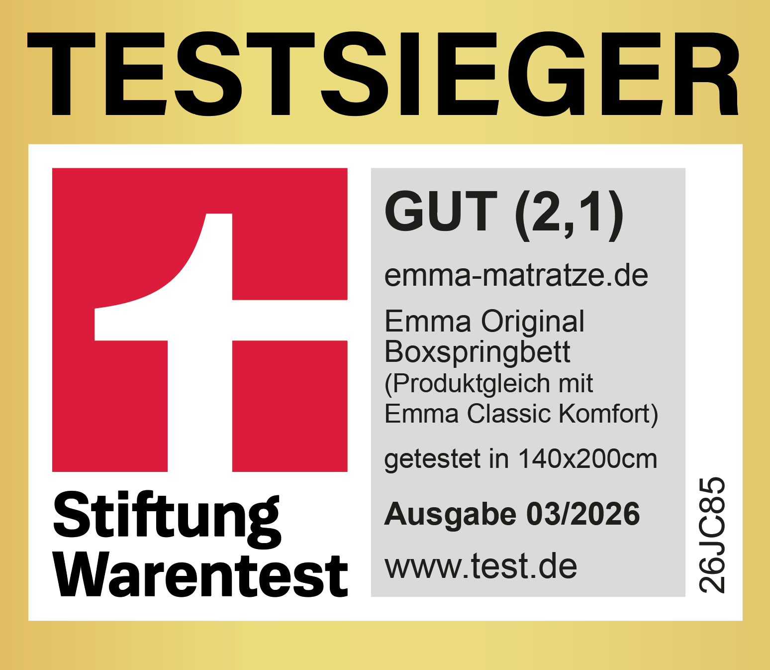 Das Emma Original Boxspringbett (Größe 140×200cm) wurde im März 2026 von der Stiftung Warentest (Deutschland) mit der Note 2,1 ("Gut") ausgezeichnet. Weitere Informationen: test.de
