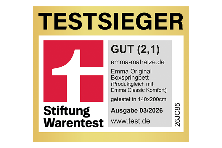 Das Emma Original Boxspringbett (Größe 140×200cm) wurde im März 2026 von der Stiftung Warentest (Deutschland) mit der Note 2,1 ("Gut") ausgezeichnet. Weitere Informationen: test.de