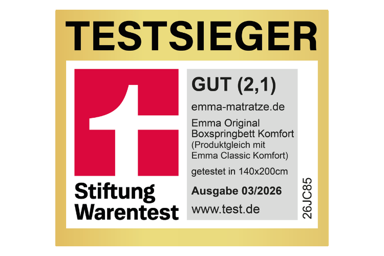 Das Emma Original Boxspringbett (Größe 140×200cm) wurde im März 2026 von der Stiftung Warentest (Deutschland) mit der Note 2,1 ("Gut") ausgezeichnet. Weitere Informationen: test.de