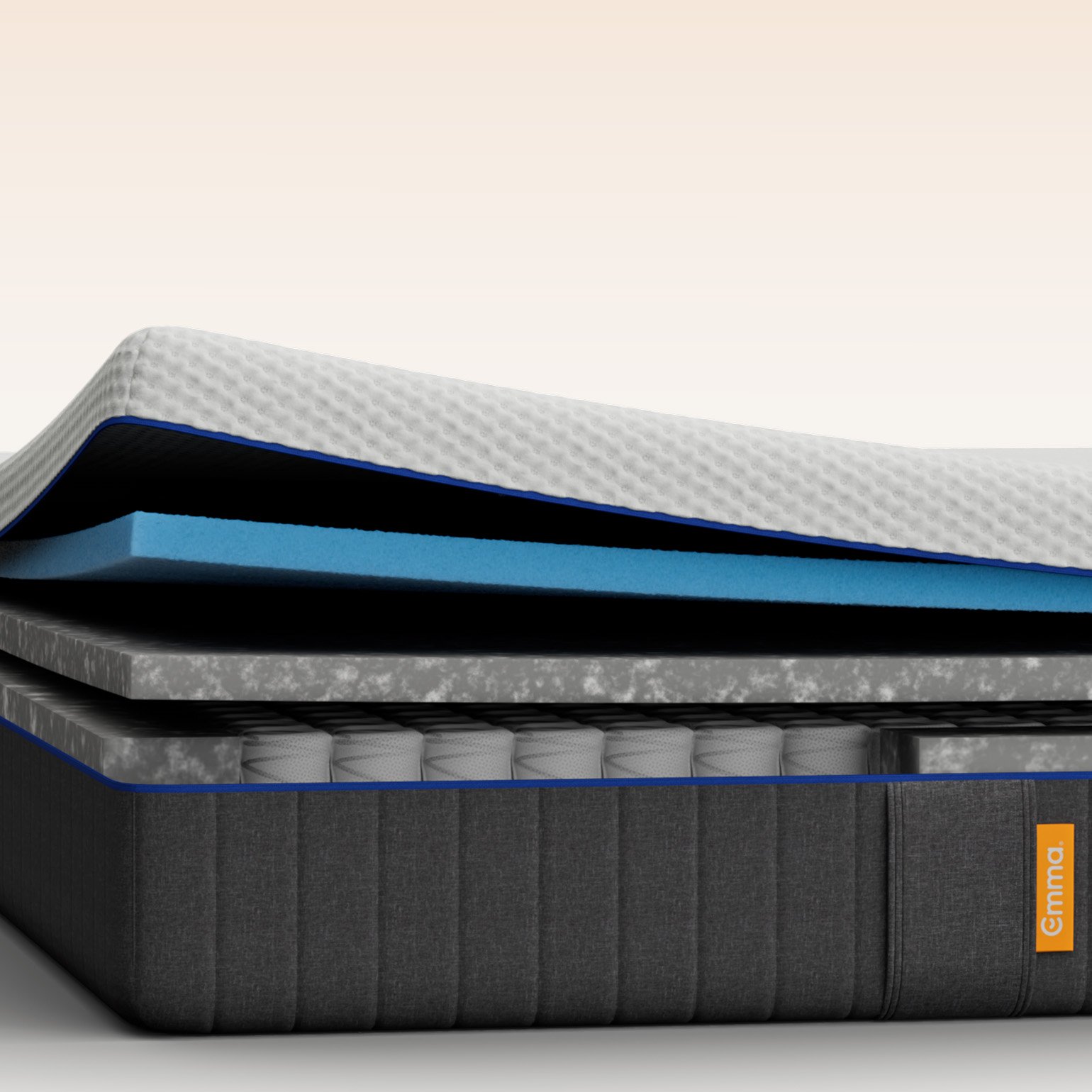 Emma Original Lite mattress layers view showing foam and spring layers with blue trim and a cooling badge.