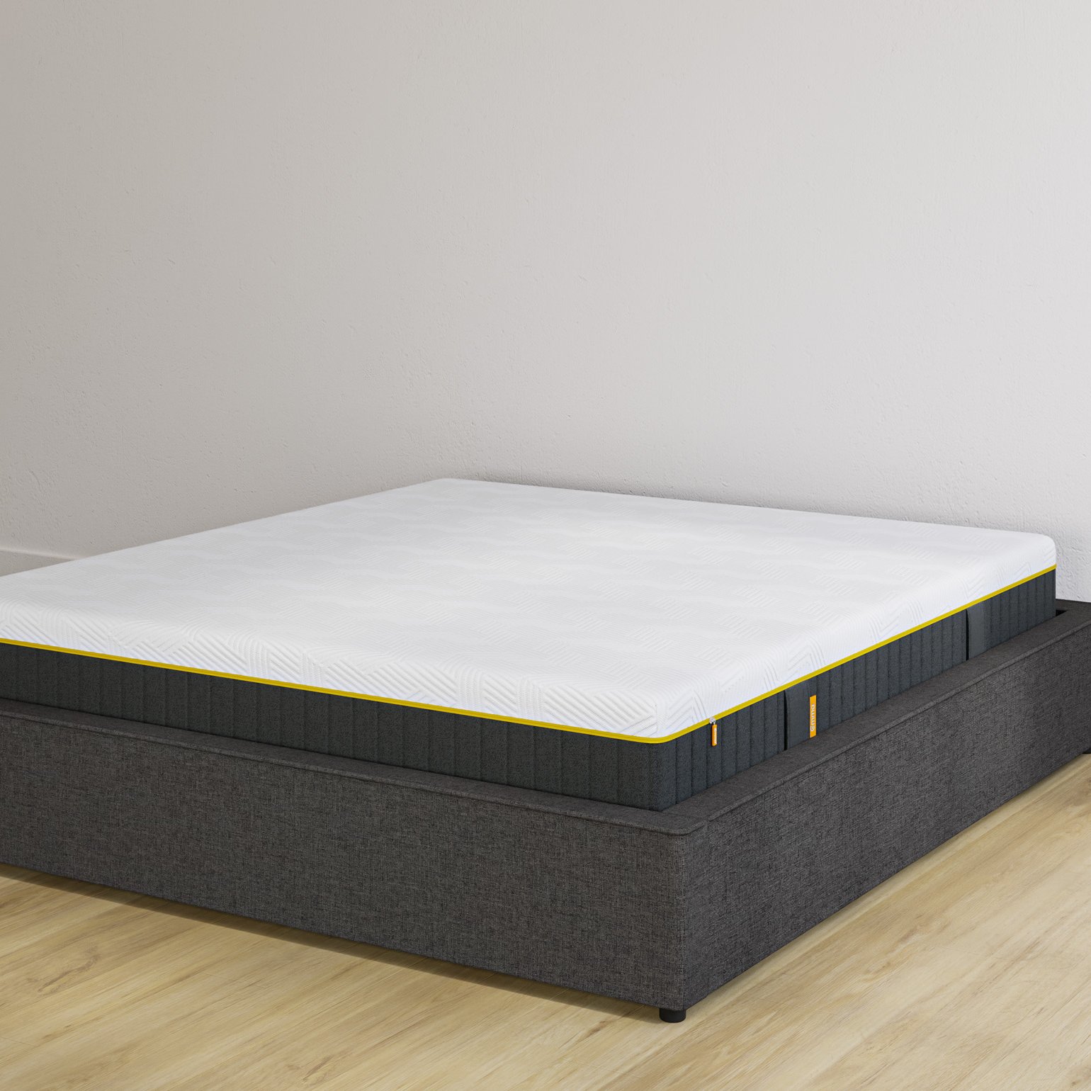 Emma storage bed base in charcoal upholstery without headboard, with Original mattress on top.