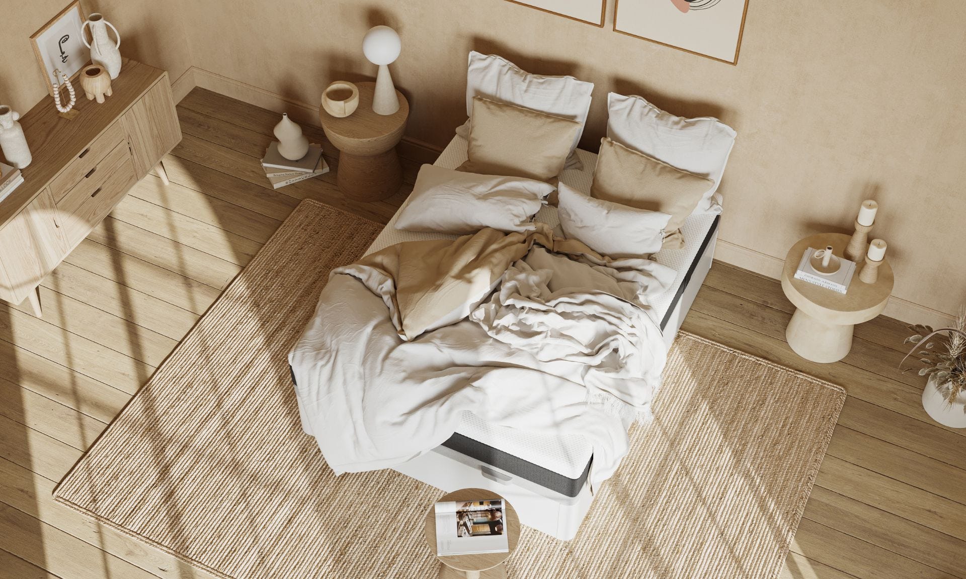 Canapé abatible blanco con colchón Emma en dormitorio