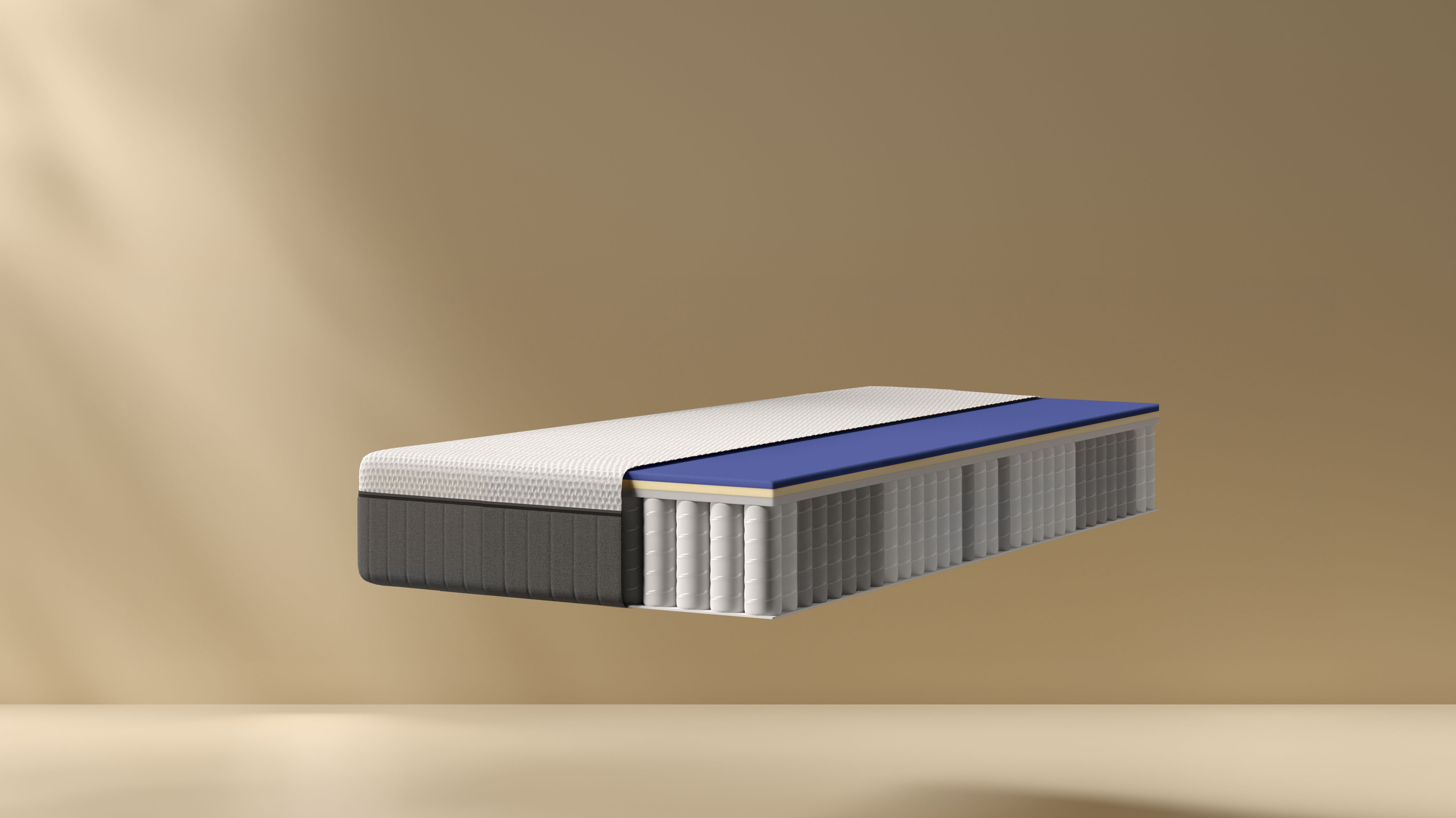 Doorsnede van Emma Hybrid Premium matras met lagen in wit, blauw en grijs; interne structuur zichtbaar met rastervormige ondersteuning van veren en schuim.