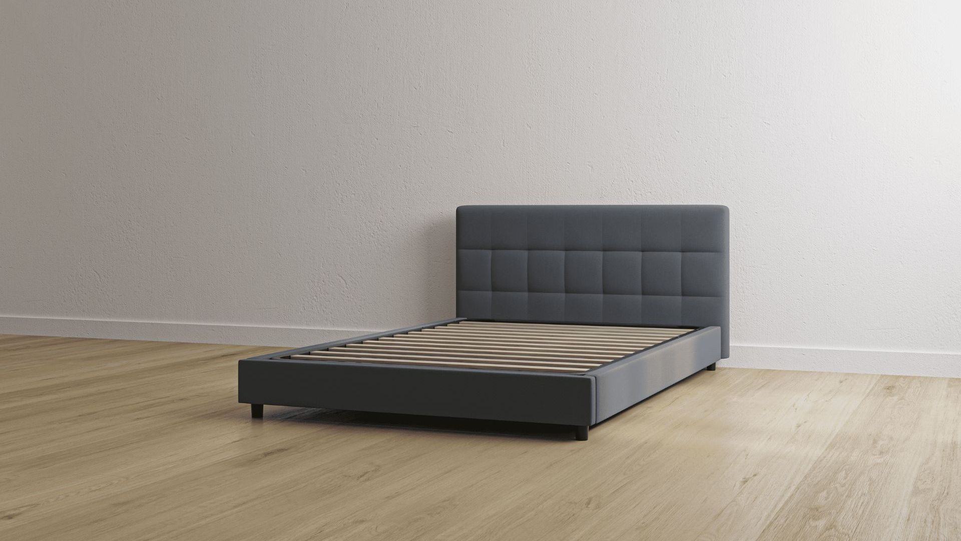 Letto contenitore grigio scuro con testiera imbottita