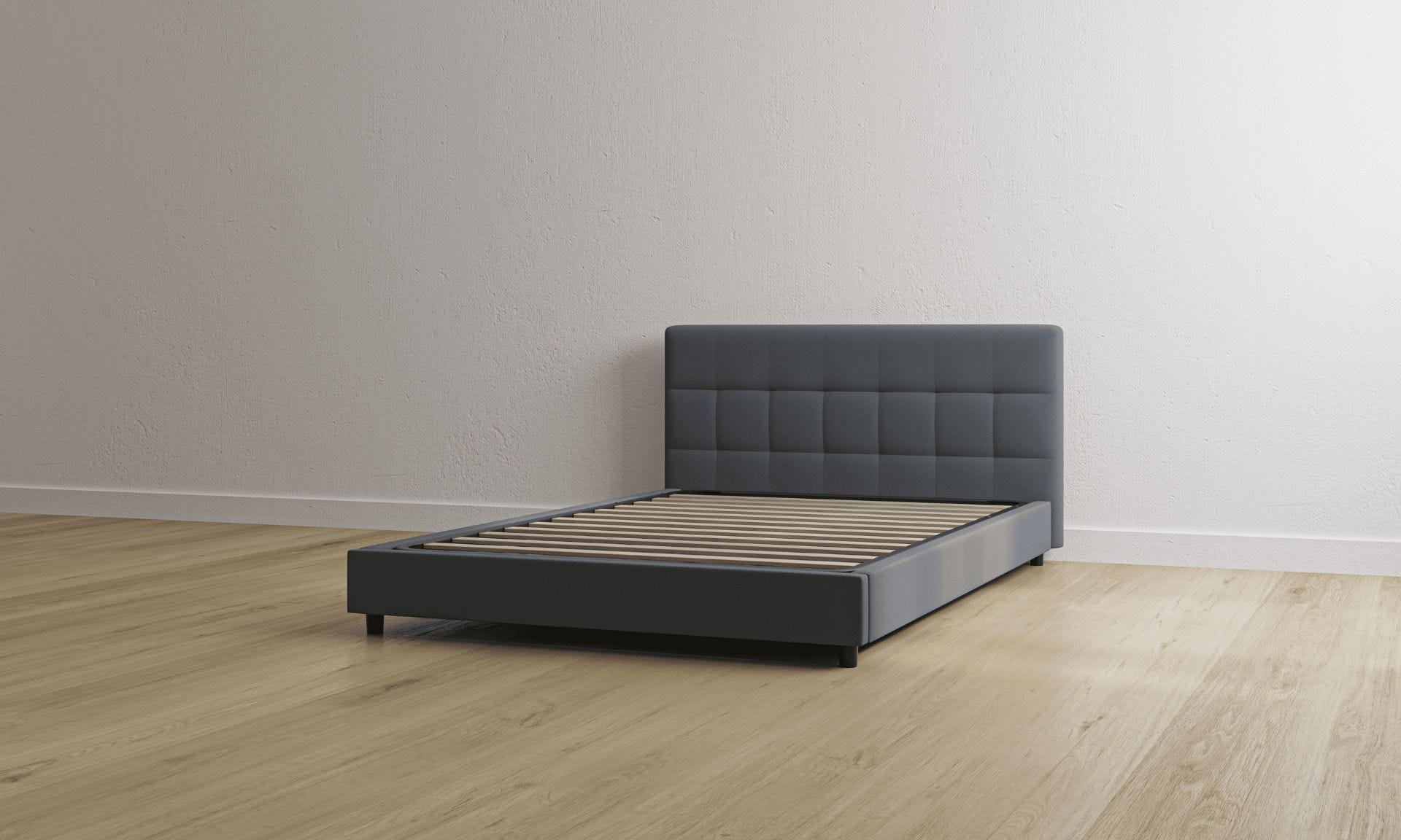 Letto contenitore grigio scuro con testiera imbottita