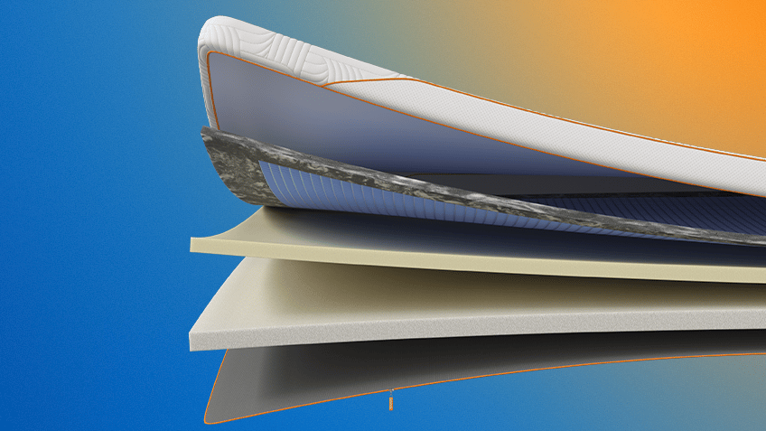 Emma Performance Topper CGI cross-section showing quilted cover with orange trim, AirGrid layer, and foam layers.