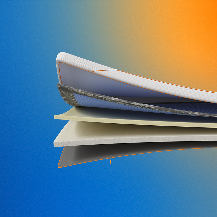 Emma Performance Topper CGI cross-section showing quilted cover with orange trim, AirGrid layer, and foam layers.