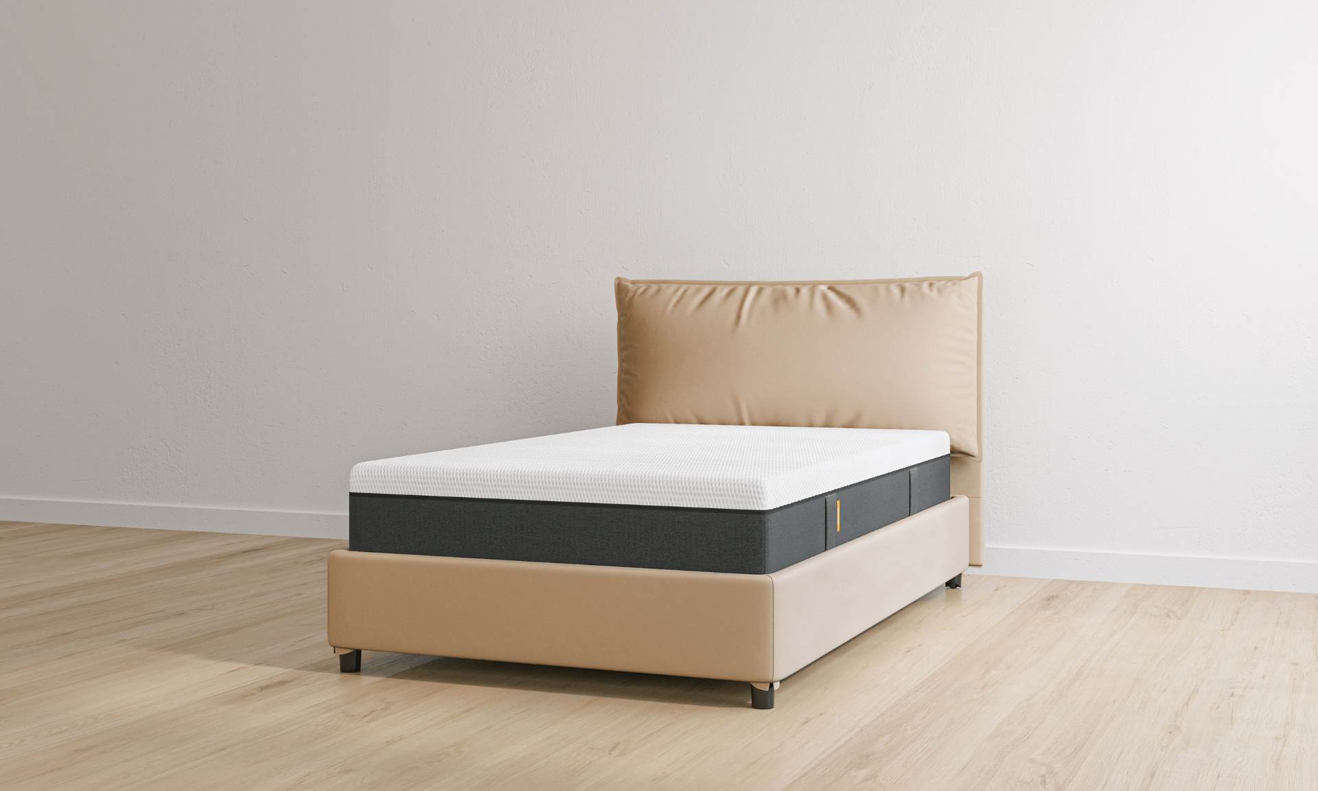 Letto contenitore in ecopelle sabbia con materasso hybrid