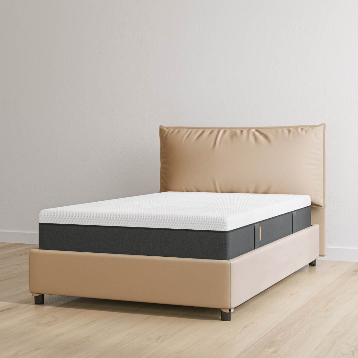Letto contenitore in ecopelle sabbia con materasso hybrid