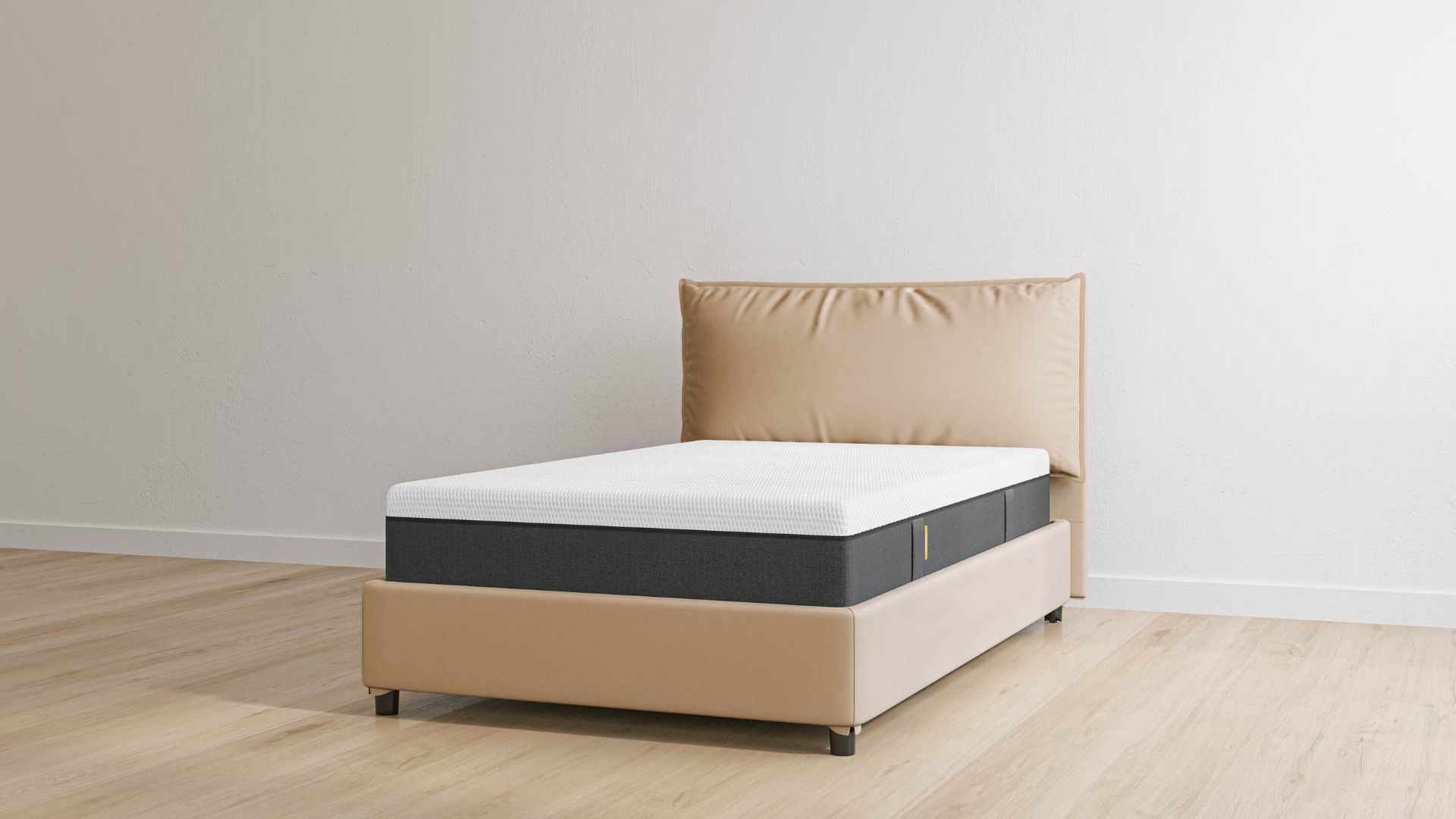 Letto contenitore in ecopelle sabbia con materasso hybrid
