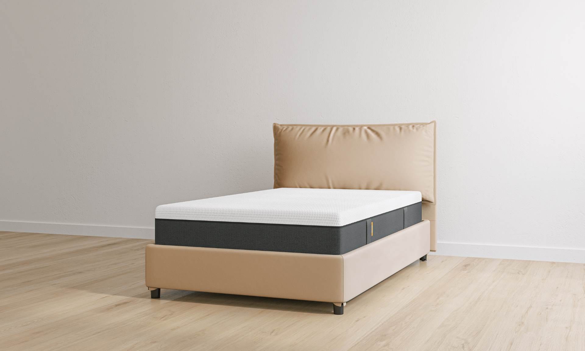 Letto contenitore in ecopelle sabbia con materasso hybrid