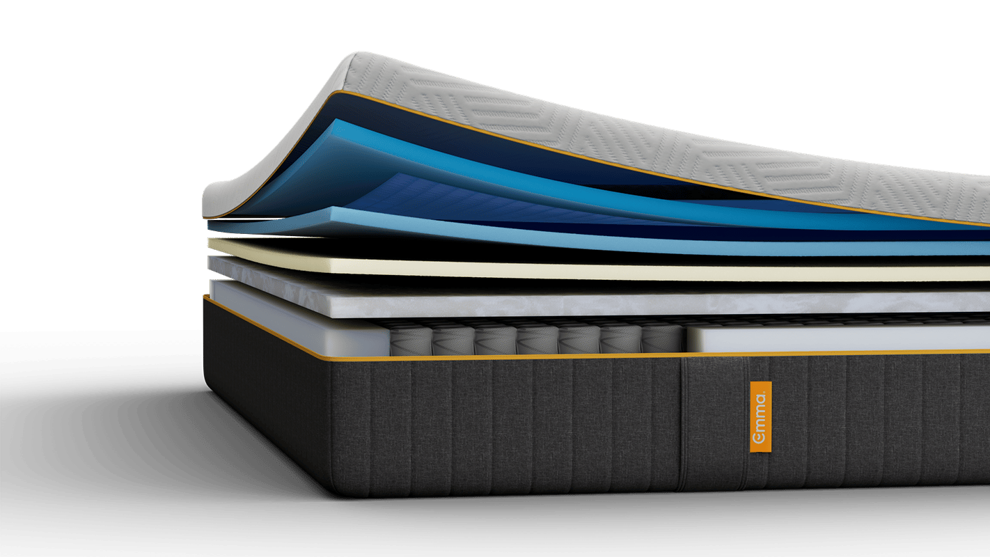 Weiße Emma Matratze auf einem gepolsterten Bett.