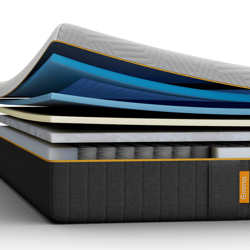 Lit tapissé gris avec matelas blanc, dans une chambre.