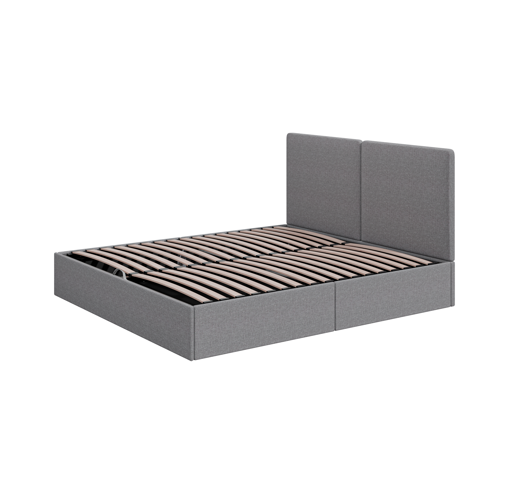  Struttura letto grigia con testiera e doghe in legno.