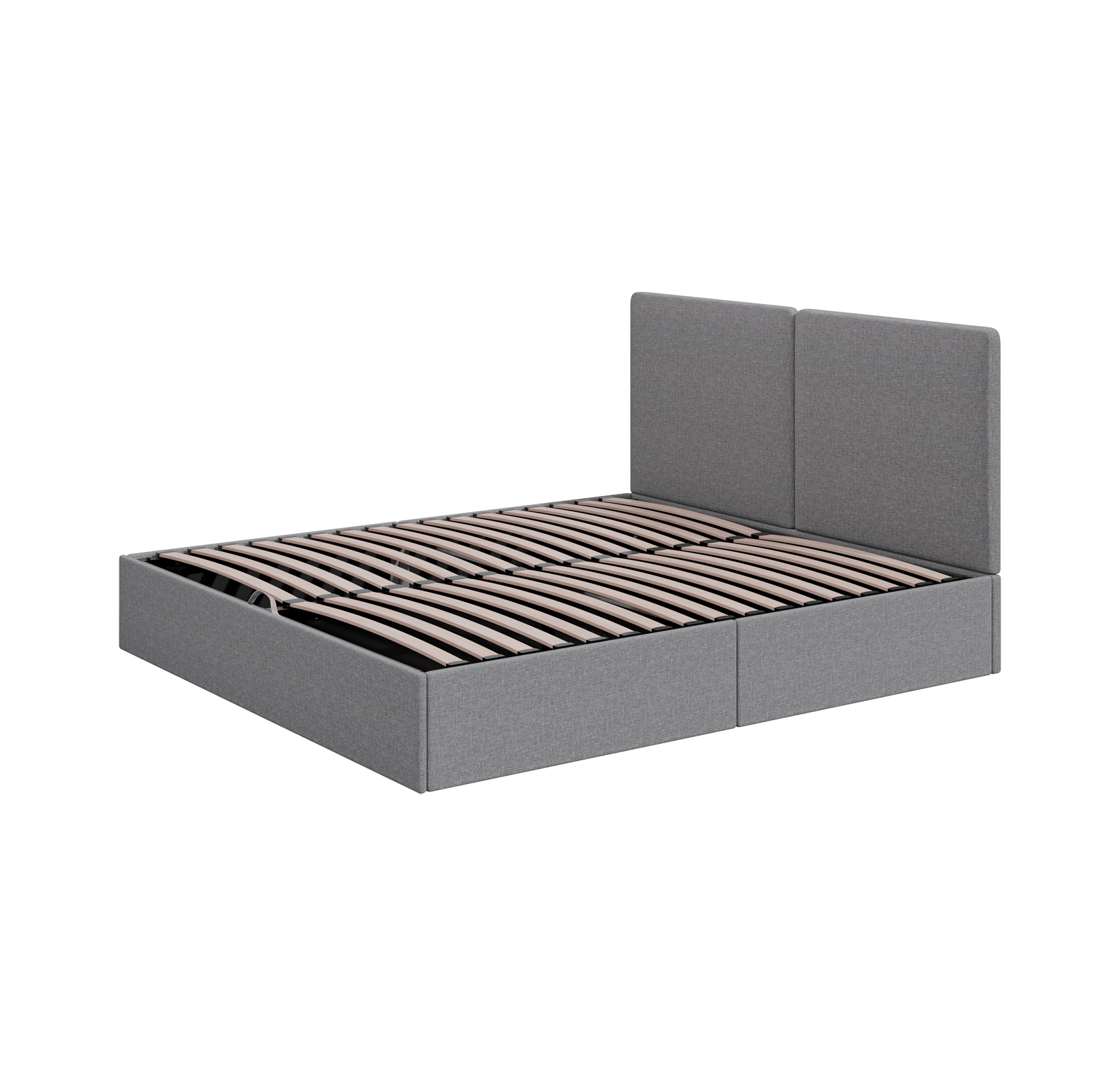 Struttura letto grigia con testiera e doghe in legno.
