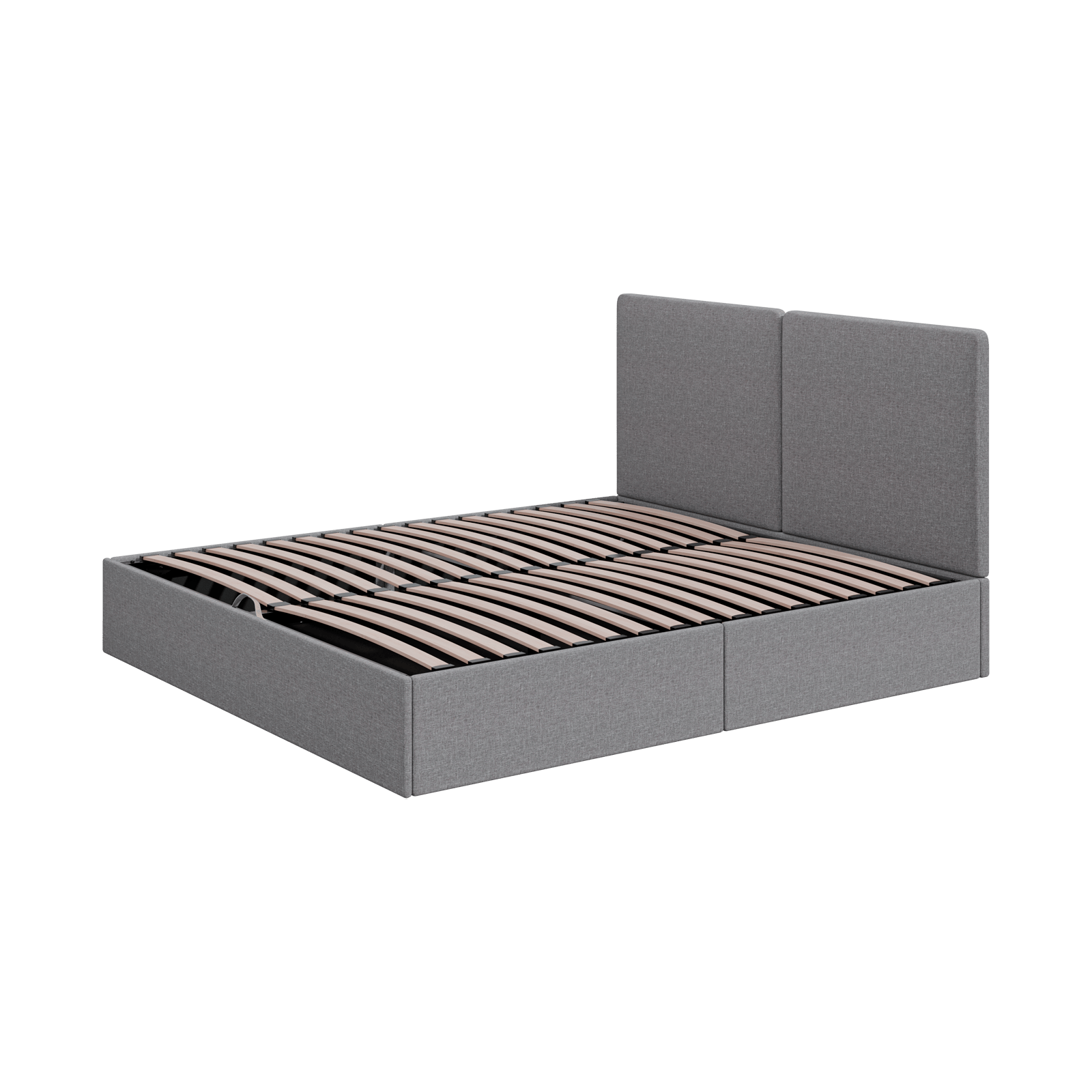 Struttura letto grigia con testiera e doghe in legno.