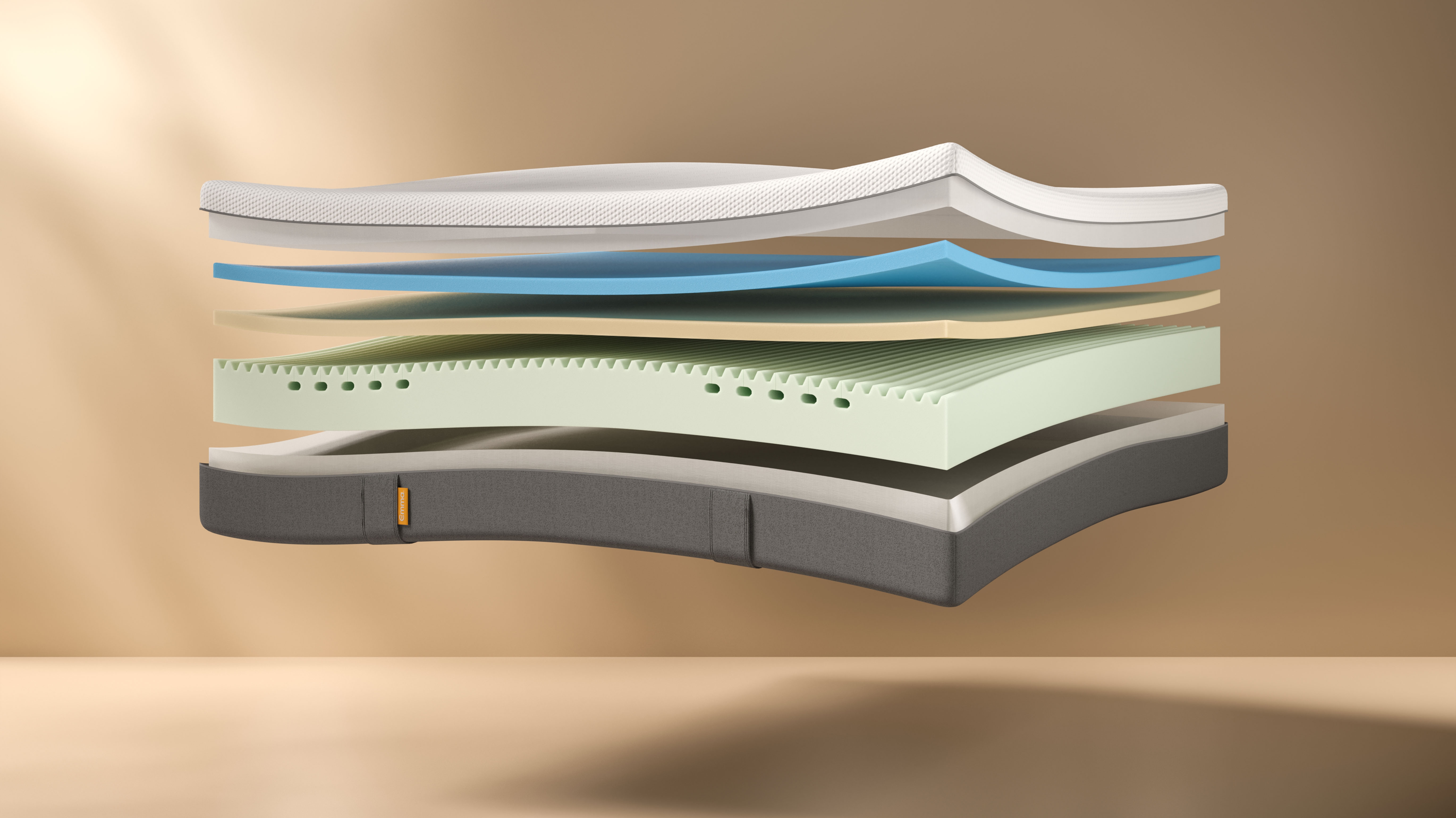 Sezione trasversale di un materasso multistrato con strati bianchi, blu, verdi e grigi, e un'etichetta arancione