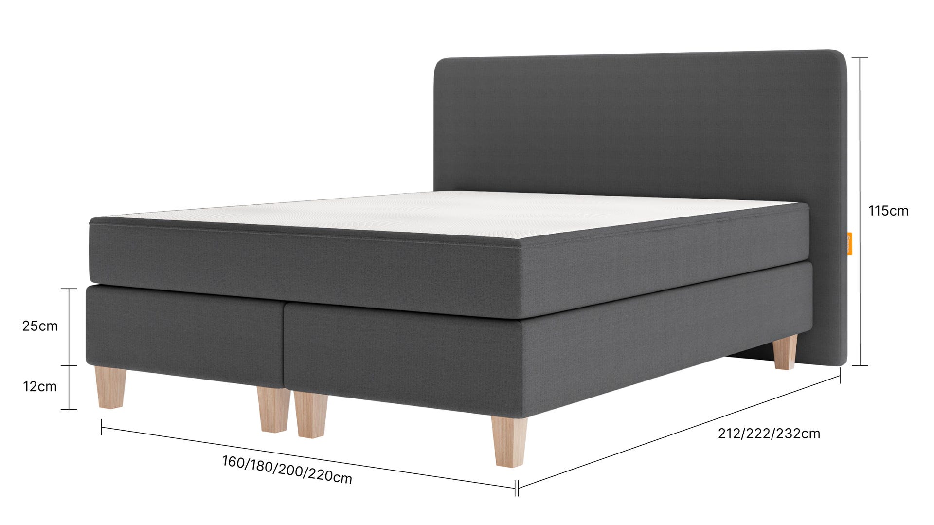 Emma Deluxe Boxspring met donkergrijze gestoffeerde ombouw, wit matras en hoofdbord van 115 cm hoog; staande op houten poten tegen neutrale achtergrond met genoteerde afmetingen: hoogte hoofdbord 115 cm, matras 25 cm, frame 12 cm, breedtes 160–220 cm en lengtes 212–232 cm.
