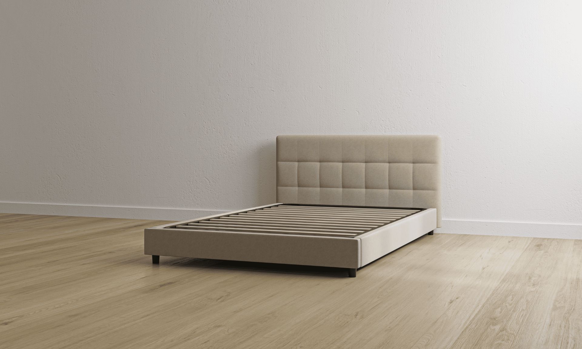 Letto contenitore beige con testiera imbottita 