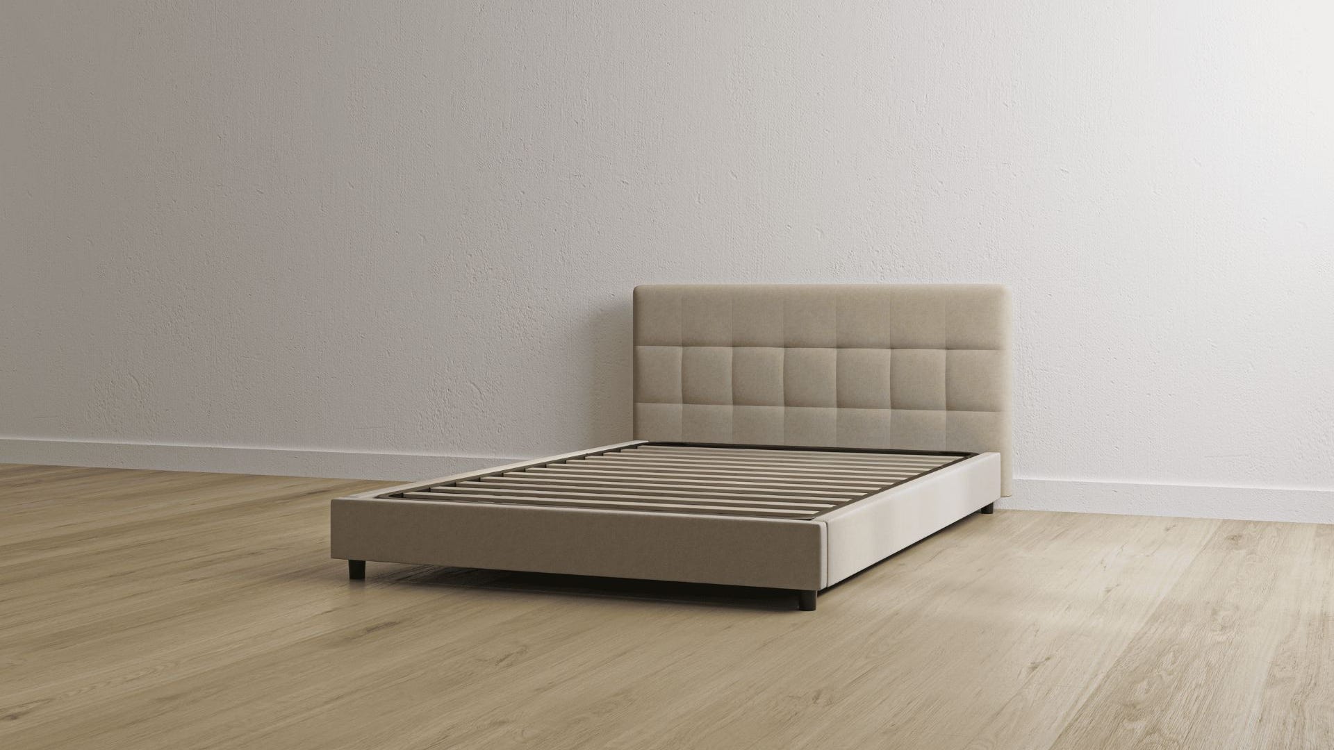 Letto contenitore beige con testiera imbottita