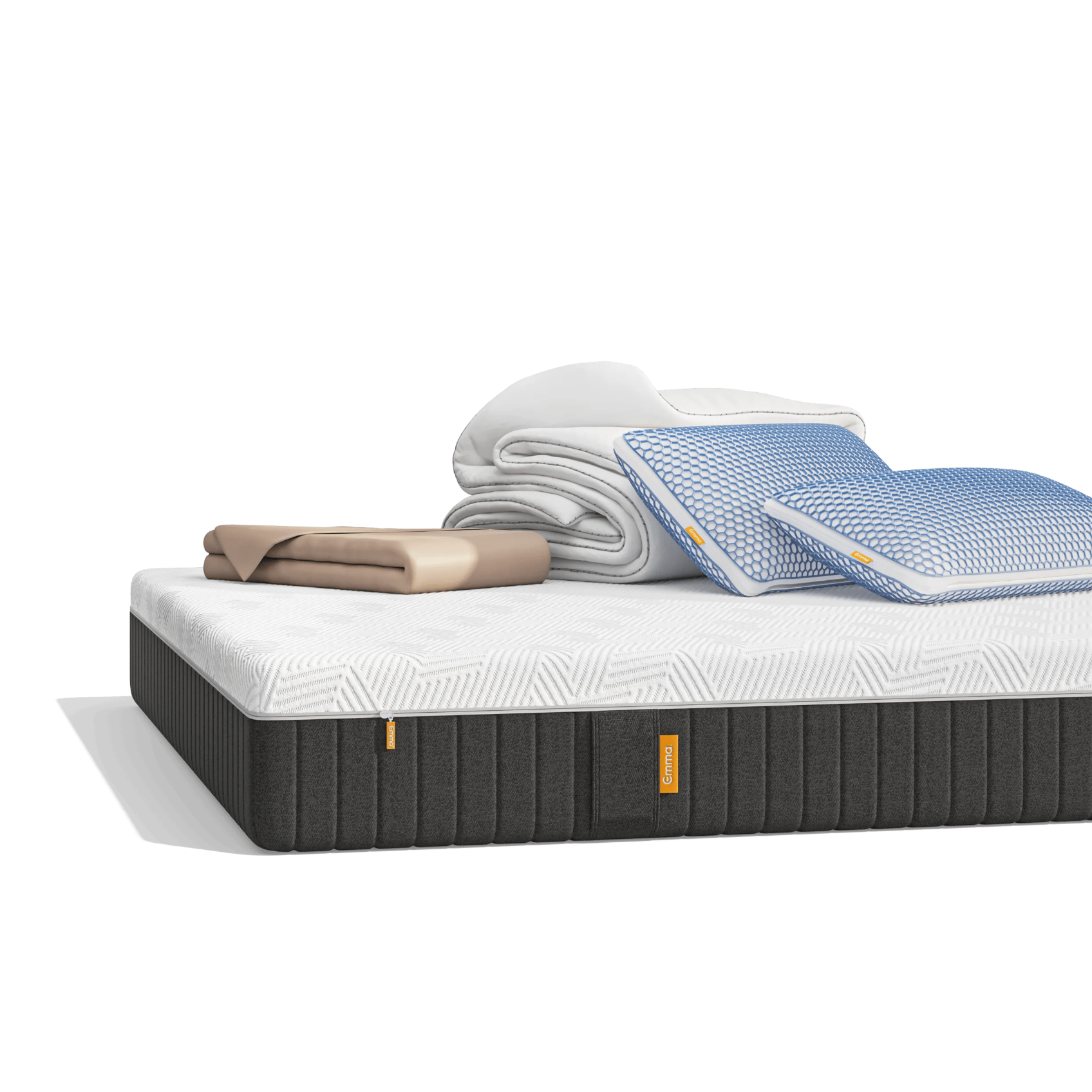 Superpack Elite Emma: materasso, topper e cuscini freschi su sfondo arancione