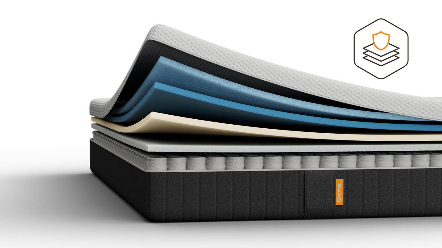 Weiße Emma Matratze auf einem gepolsterten Bett.