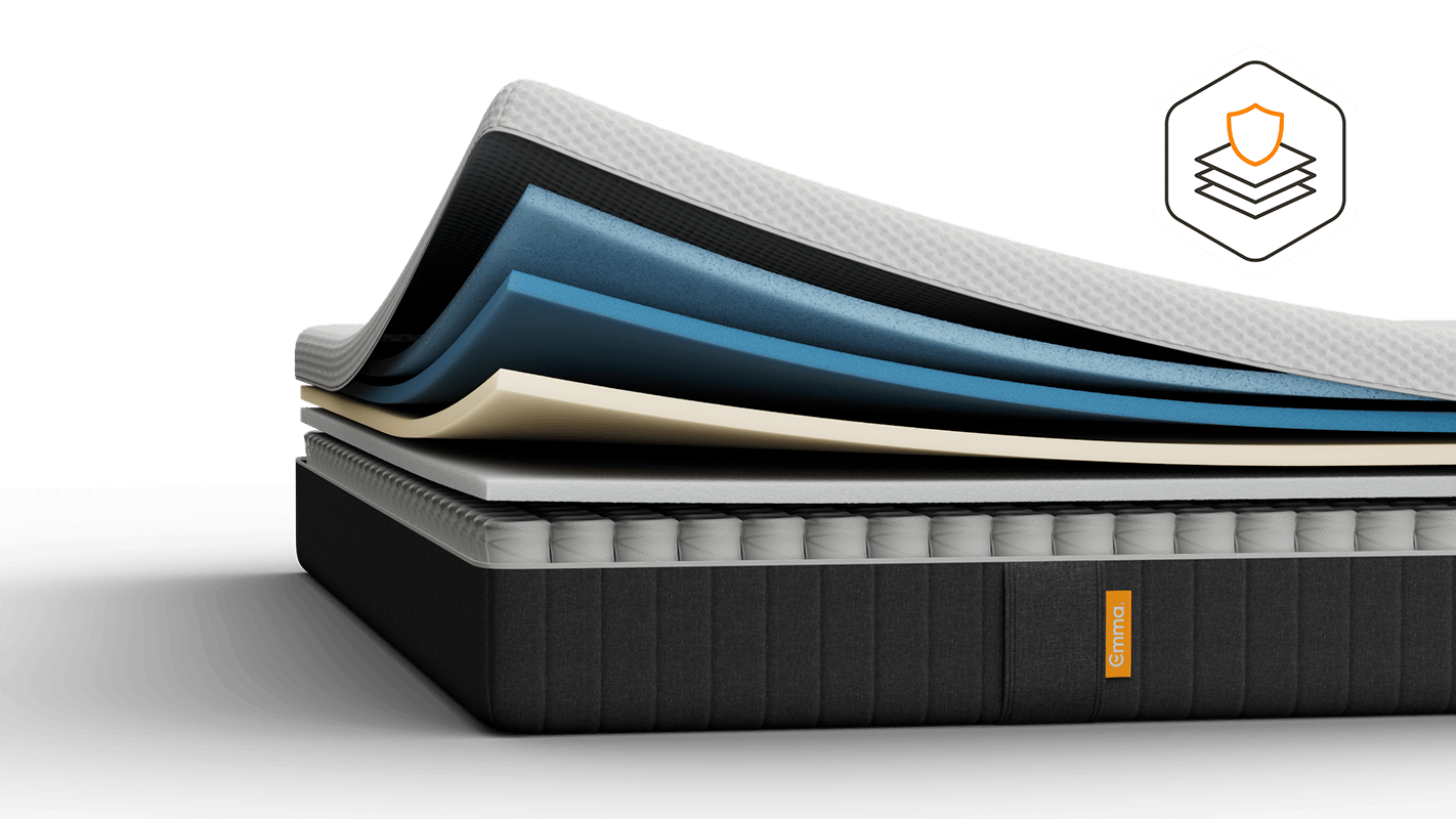 Weiße Emma Matratze auf einem gepolsterten Bett.