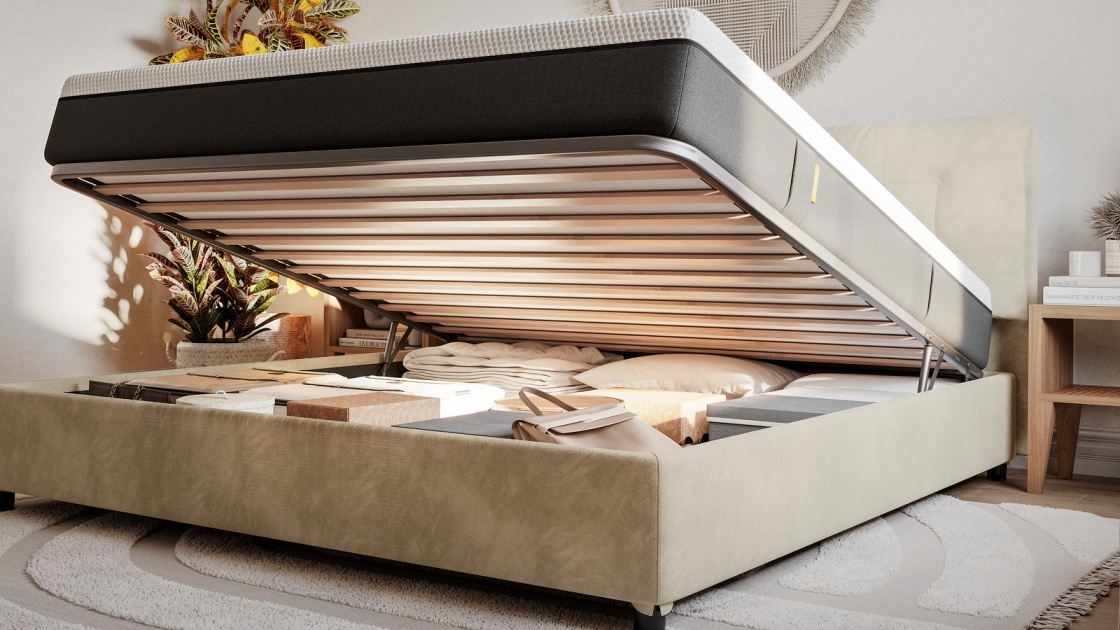 letto con vano contenitore salvaspazio aperto