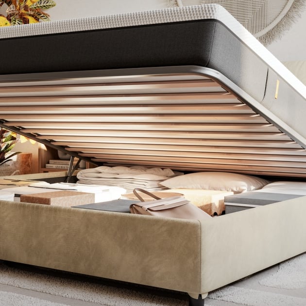 letto con vano contenitore salvaspazio aperto