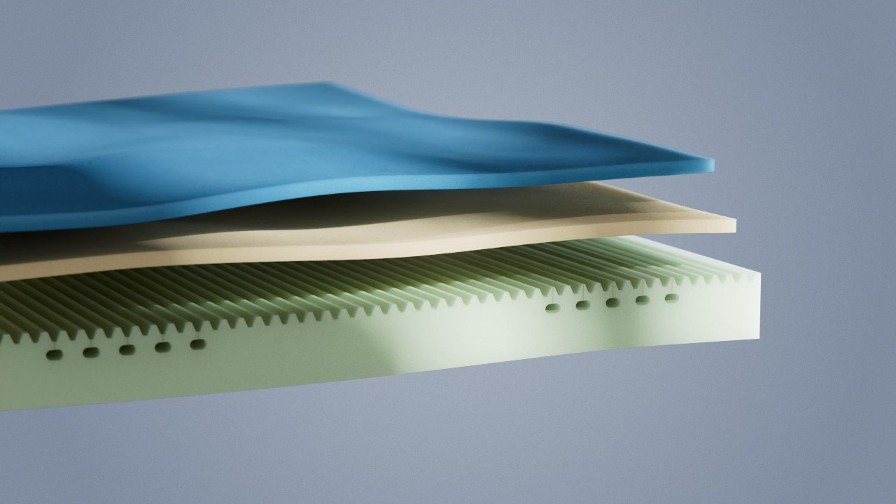 Illustrative cutaway showing the foam layers inside the mattress.