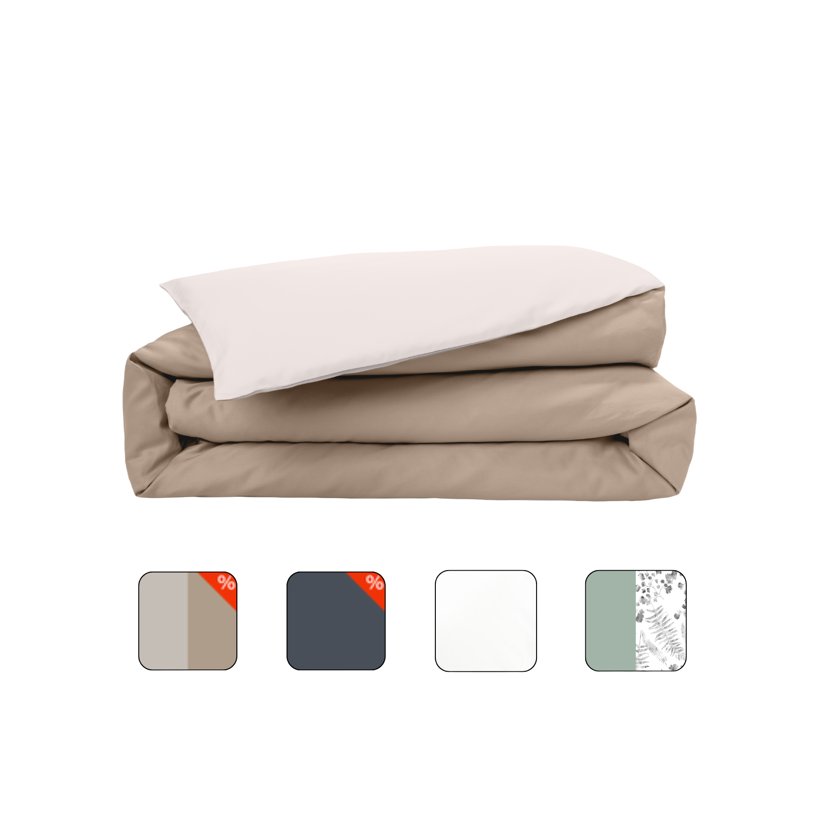 Uma imagem de uma capa de edredon dobrado em percal, em creme e bege, com um fundo branco