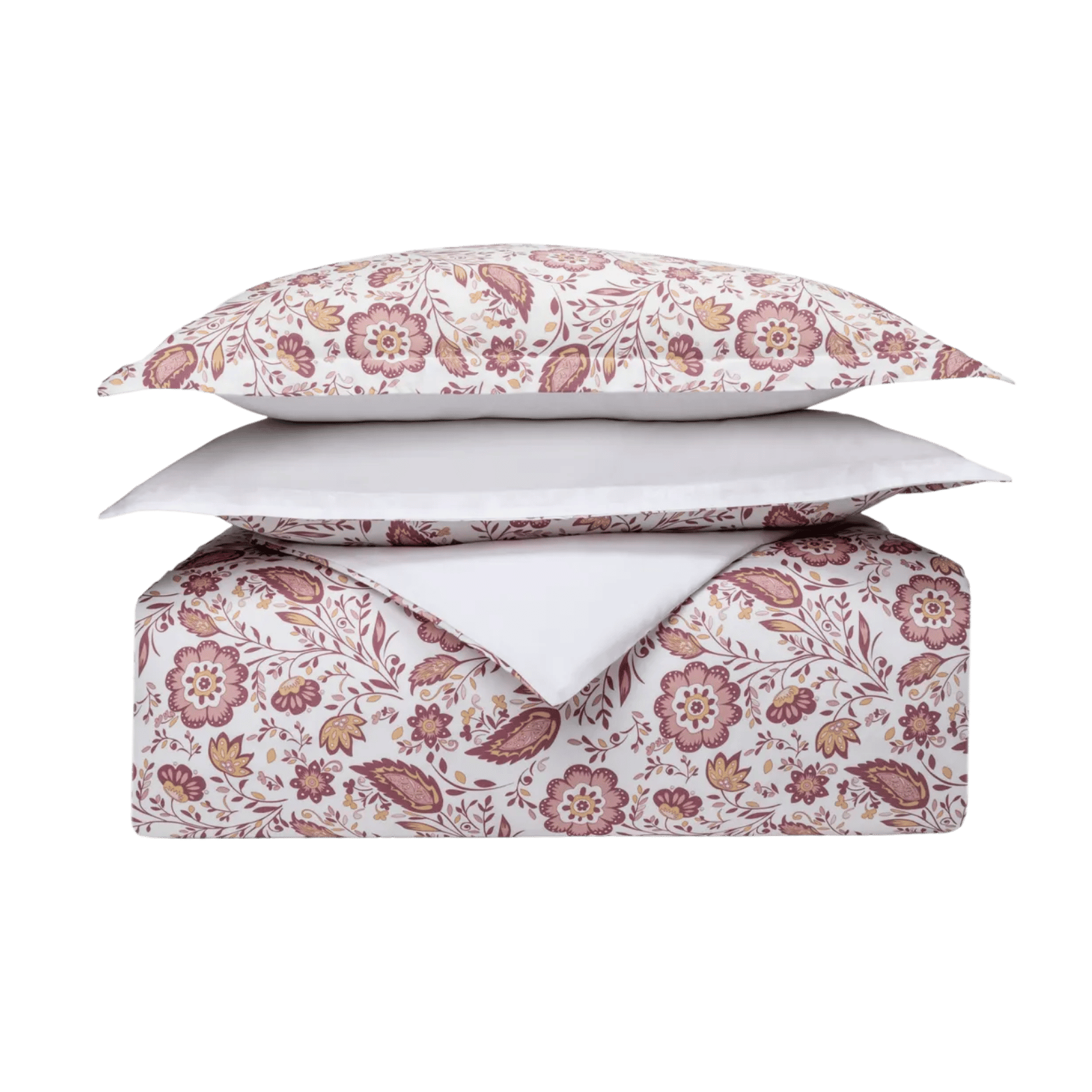 Set di biancheria da letto con motivo floreale con due cuscini.