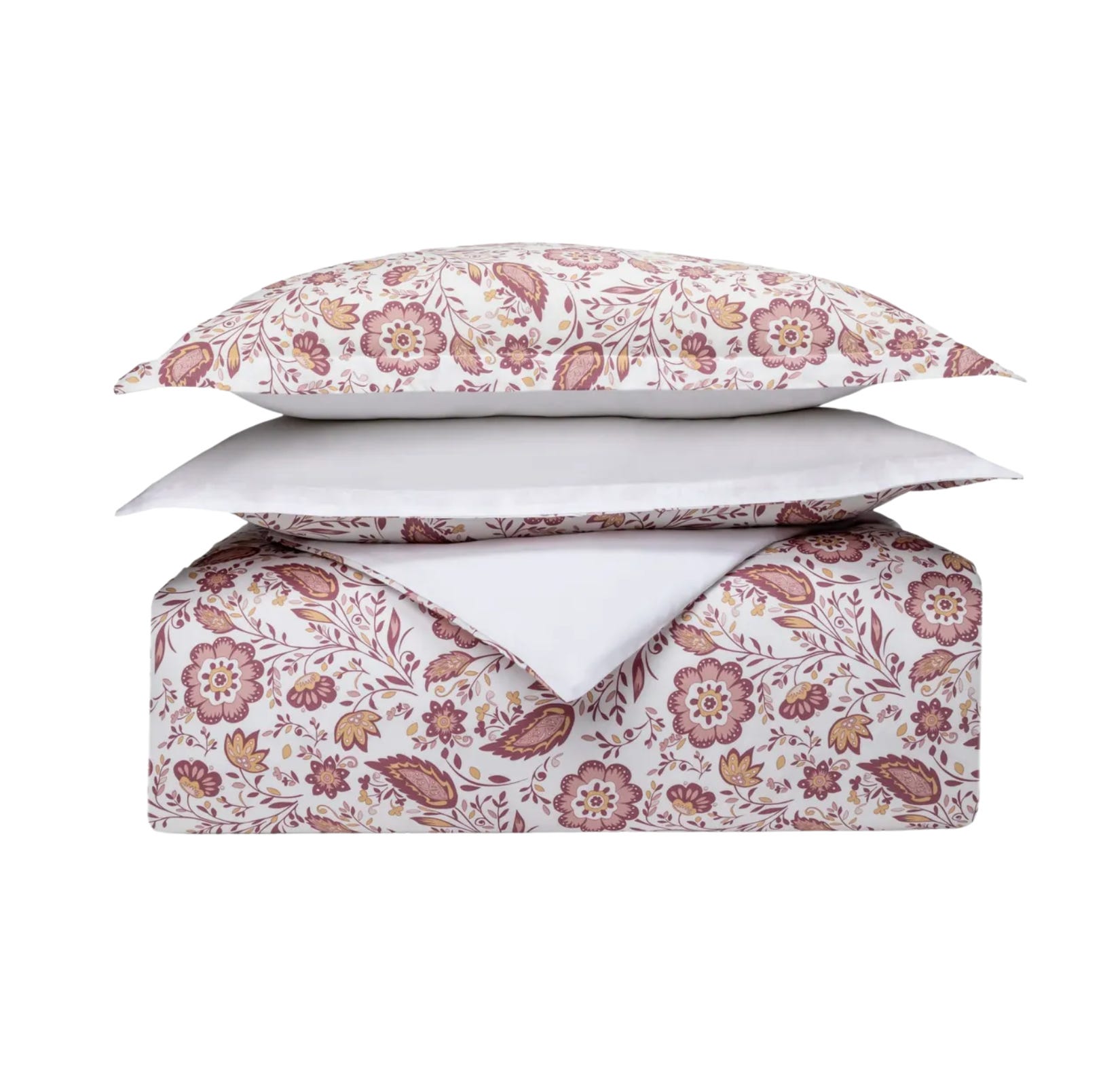 Set di biancheria da letto con motivo floreale con due cuscini.