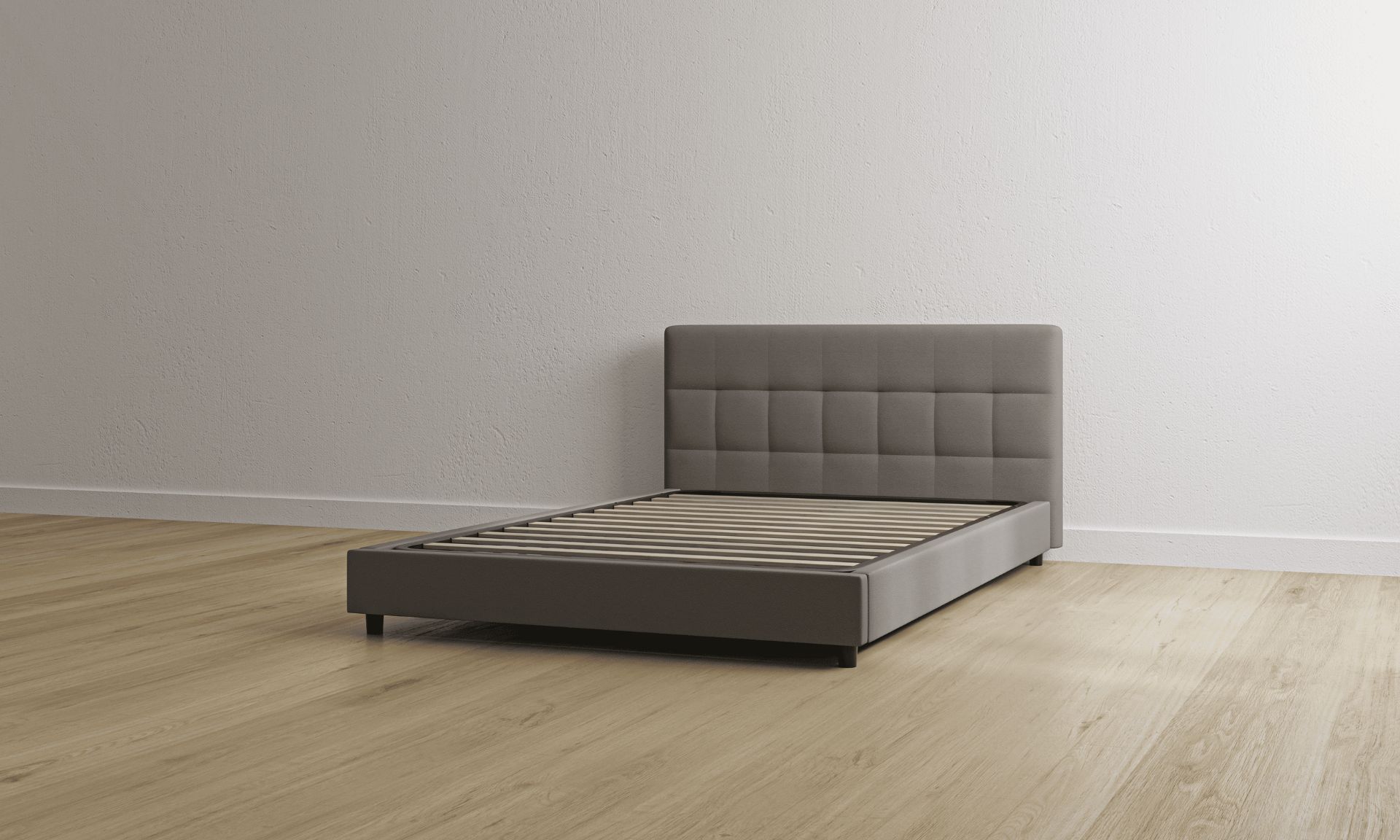 Letto contenitore grigio con testiera imbottita 