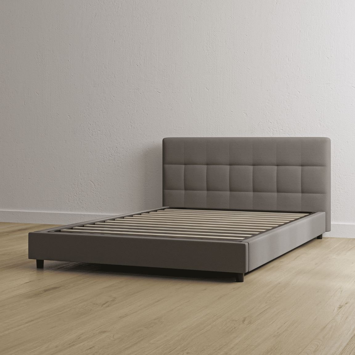 Letto contenitore grigio con testiera imbottita 