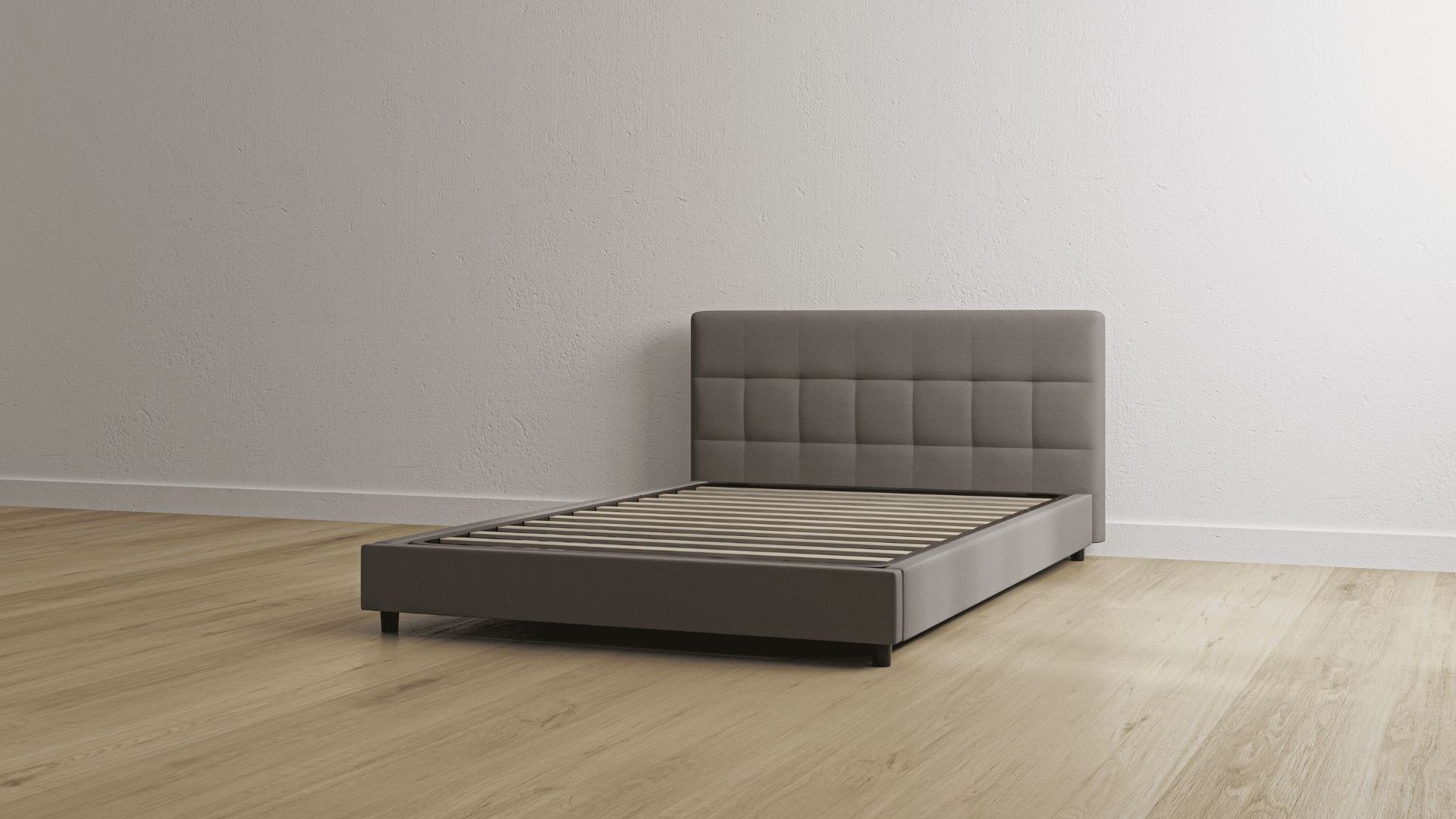 Letto contenitore grigio con testiera imbottita