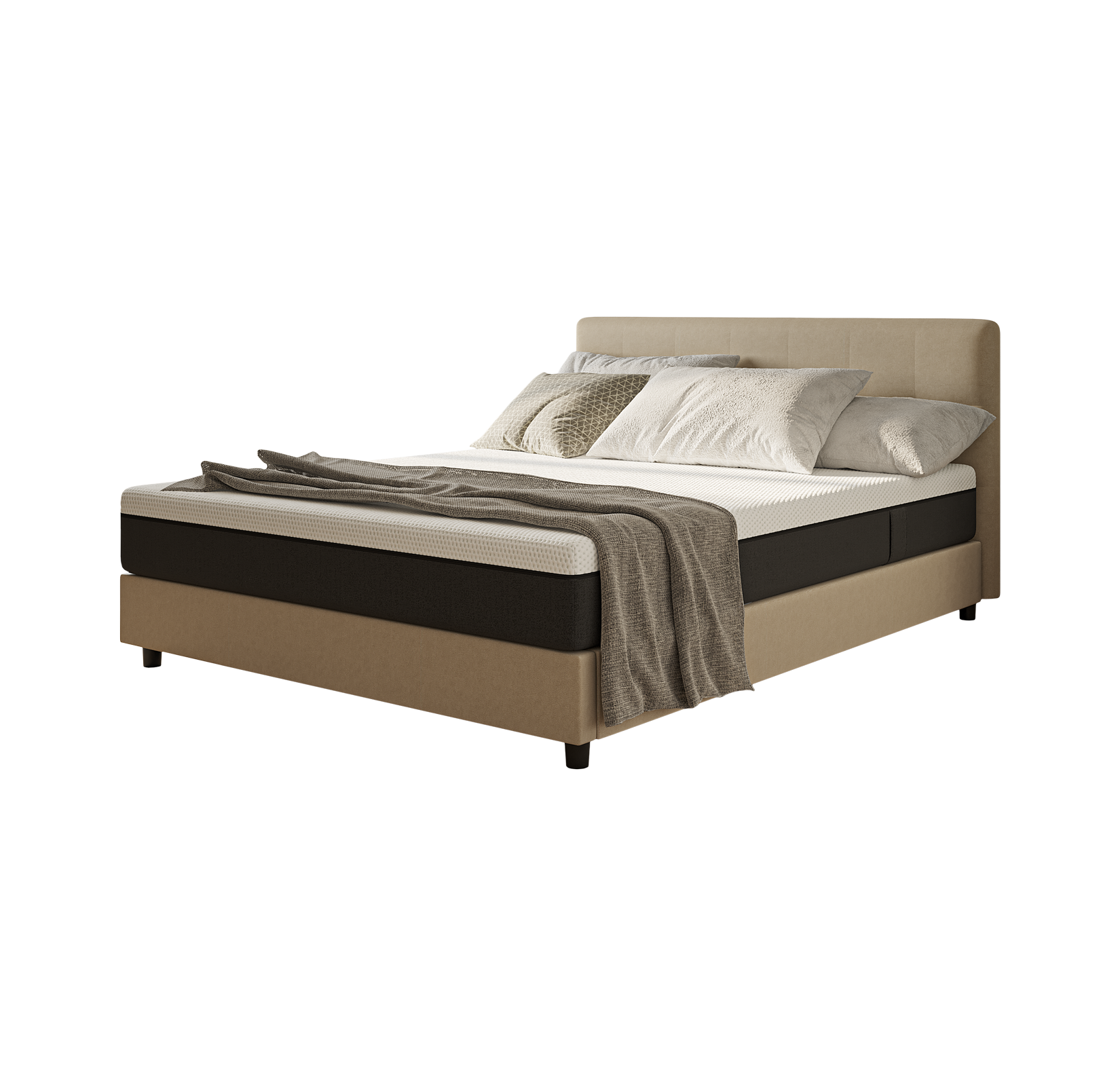 Letto con testiera, cuscini e coperta, cornice beige con dettagli marroni.