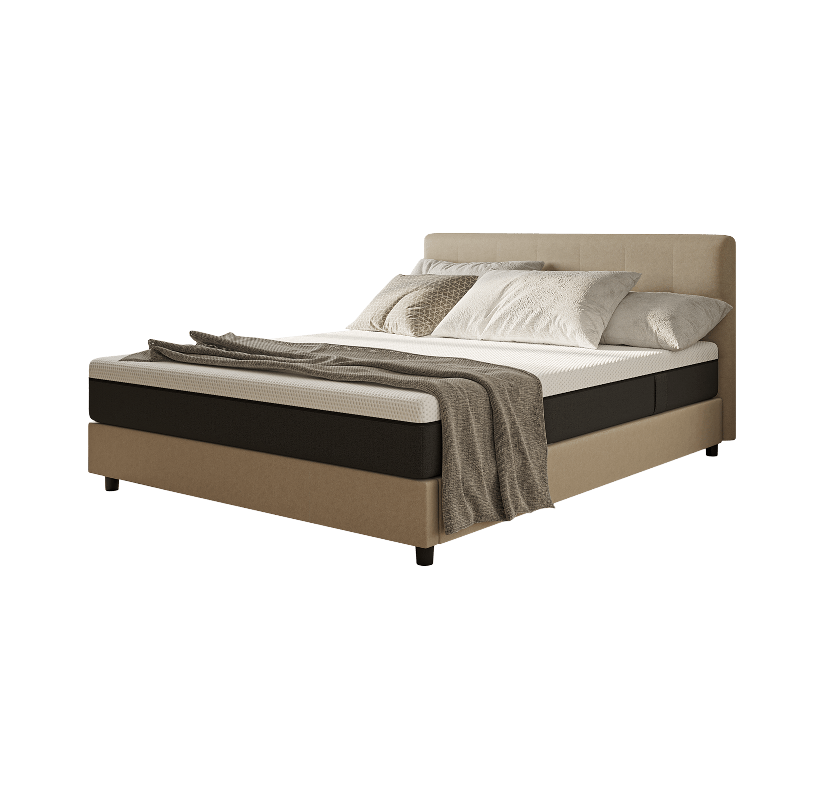 Letto con testiera, cuscini e coperta, cornice beige con dettagli marroni.