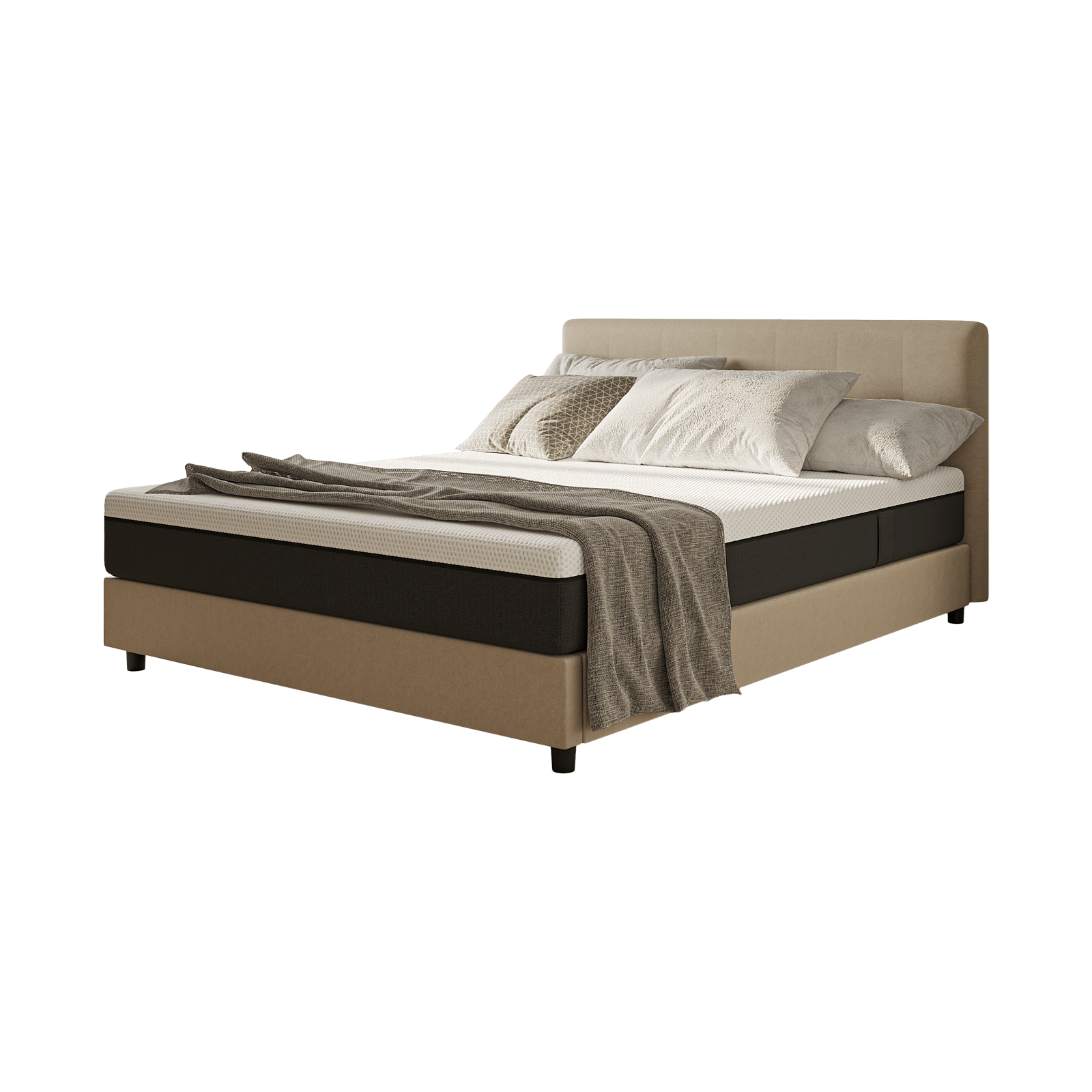 Letto con testiera, cuscini e coperta, cornice beige con dettagli marroni.