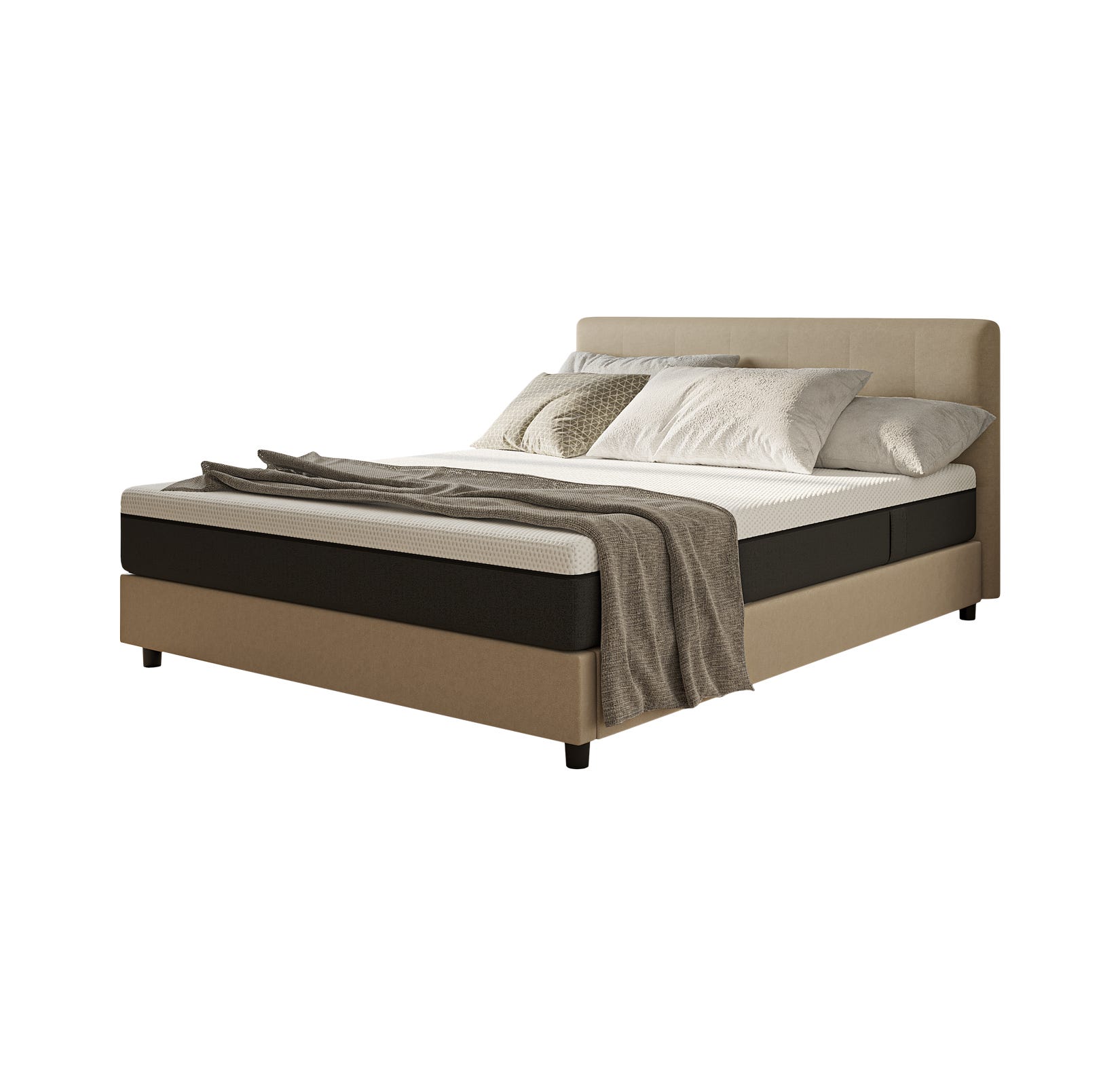 Letto con testiera, cuscini e coperta, cornice beige con dettagli marroni.