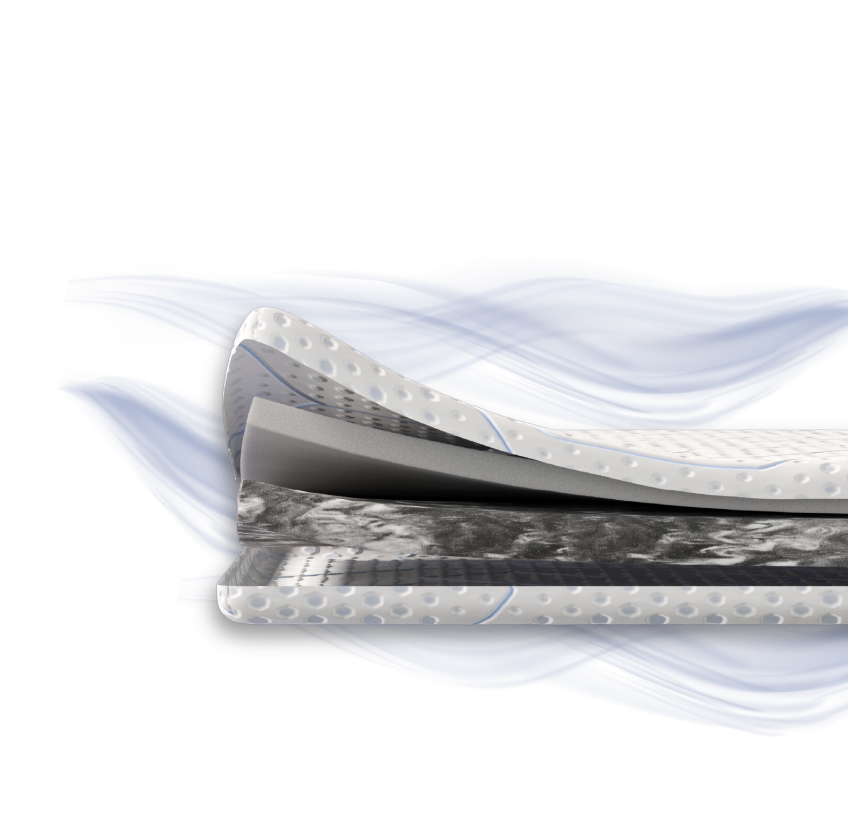 Aufgeschnittener Emma Premium+ Topper mit sichtbaren Schichten und Temperaturregulierung.