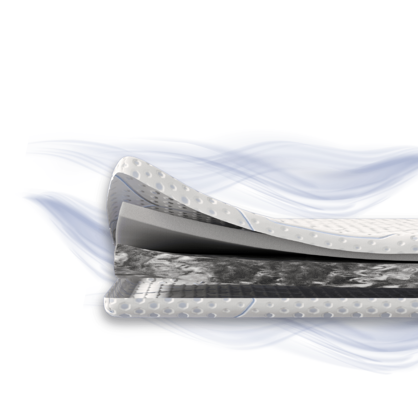 Aufgeschnittener Emma Premium Topper mit sichtbaren Schichten und Luftzirkulationseffekt.