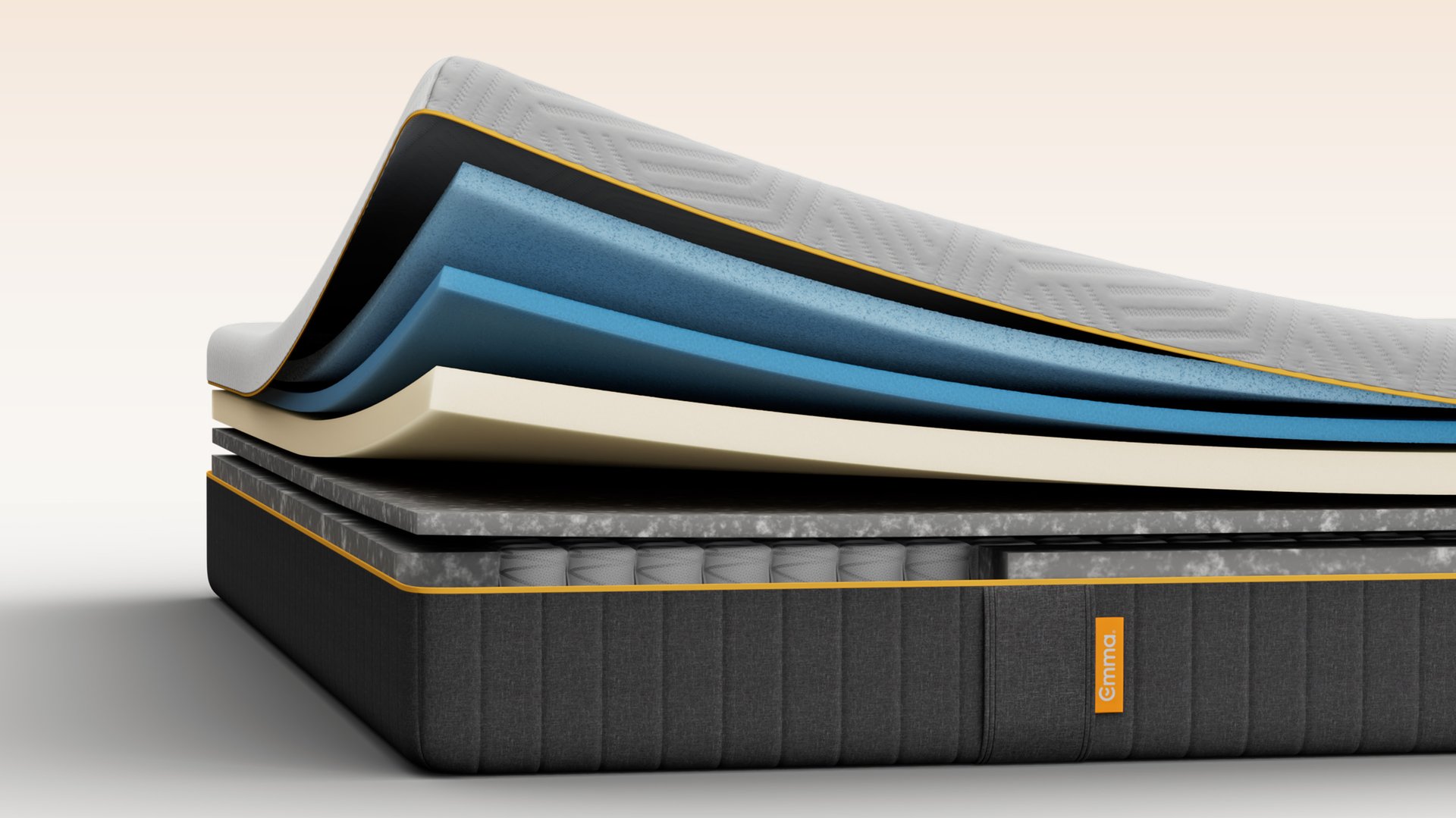 Emma Original Pro mattress layers view showing multiple foam and spring layers with gold trim detailing.