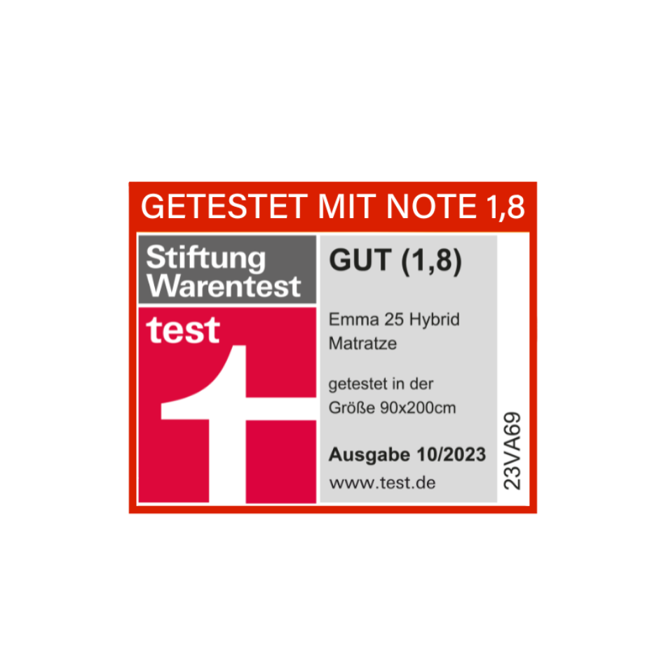 Stiftung Warentest Siegel für Emma 25 Hybrid Matratze, Note 1,8, Größe 90x200 cm, Ausgabe 10/2023.