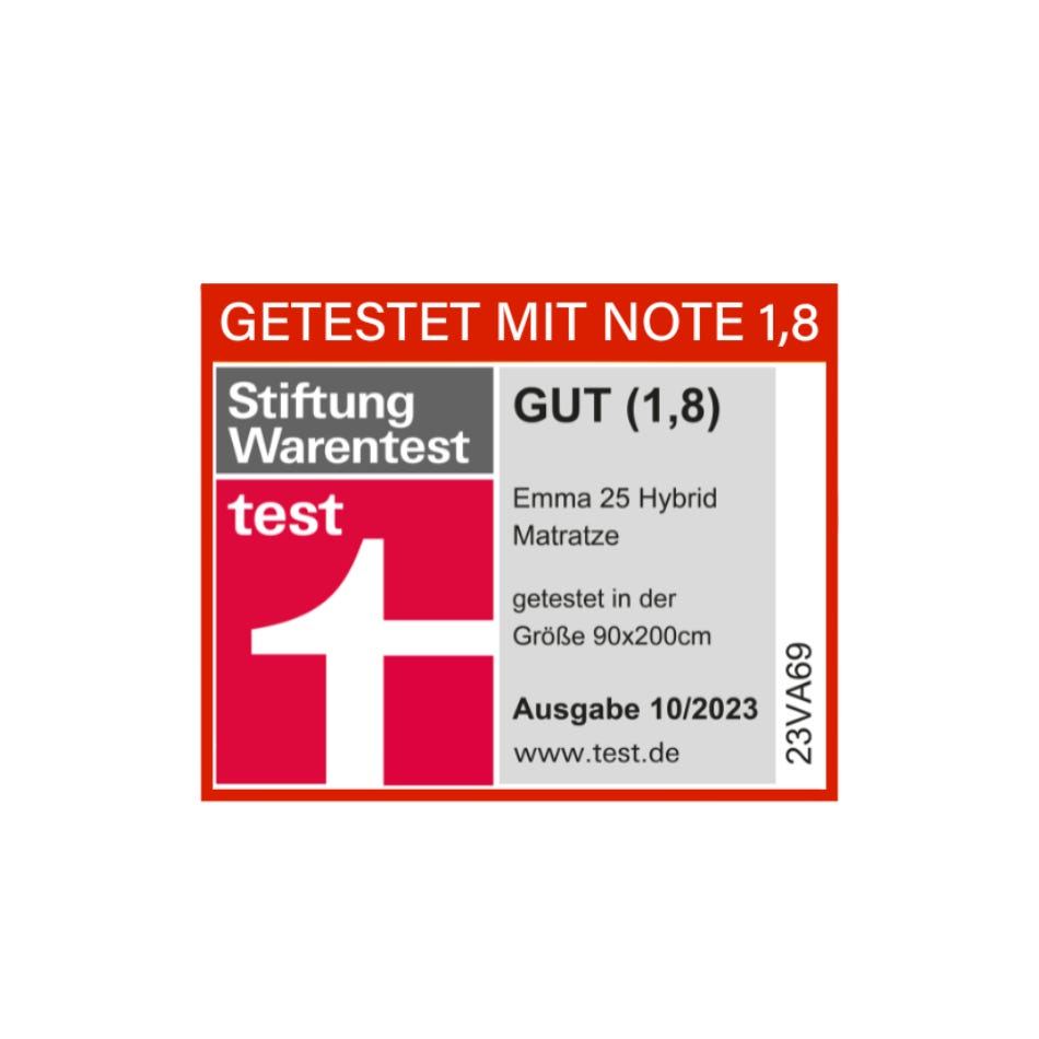 Stiftung Warentest Siegel für Emma 25 Hybrid Matratze, Note 1,8, Größe 90x200 cm, Ausgabe 10/2023.